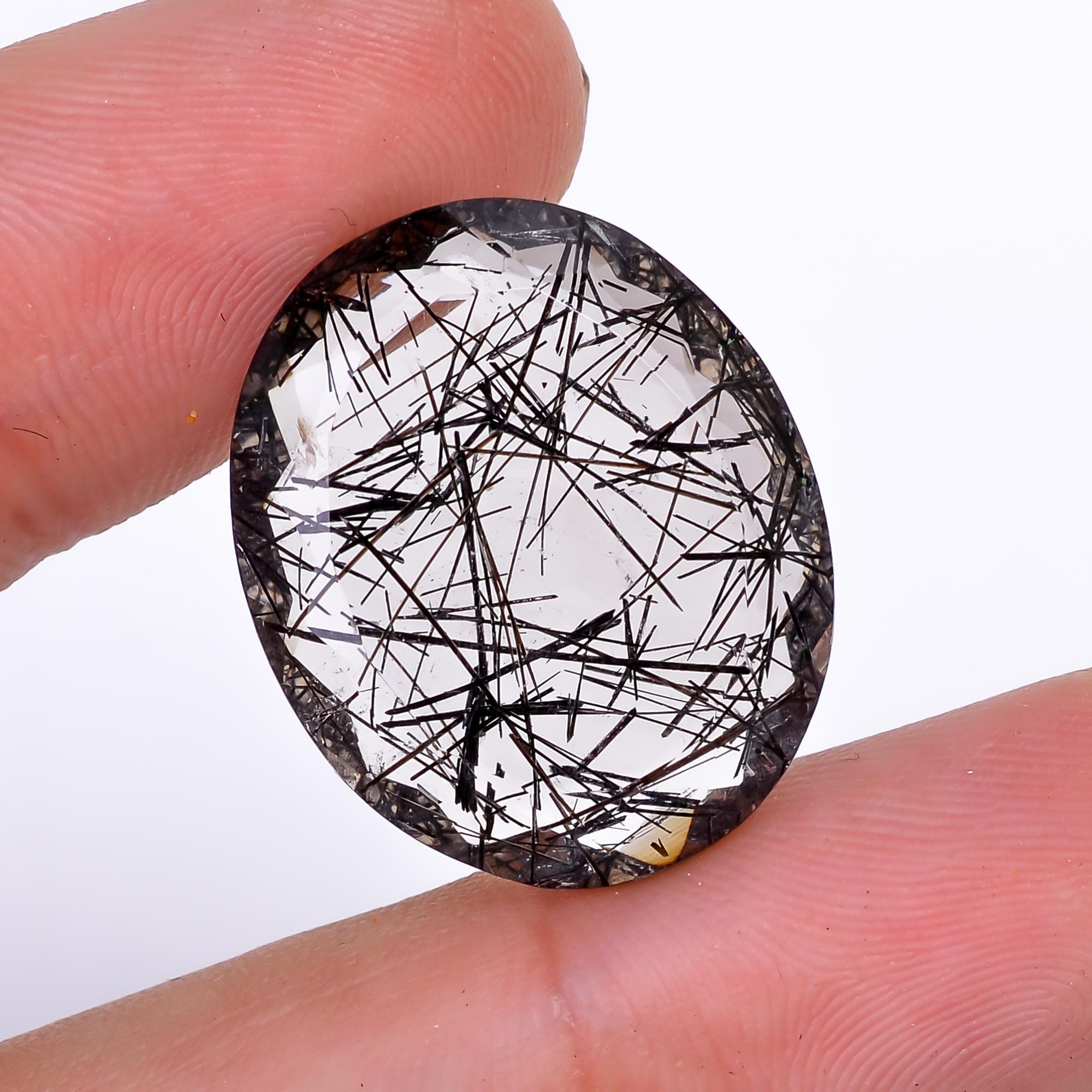 black rutile quartz both side flat cut oval shape cut stone loose gemstone