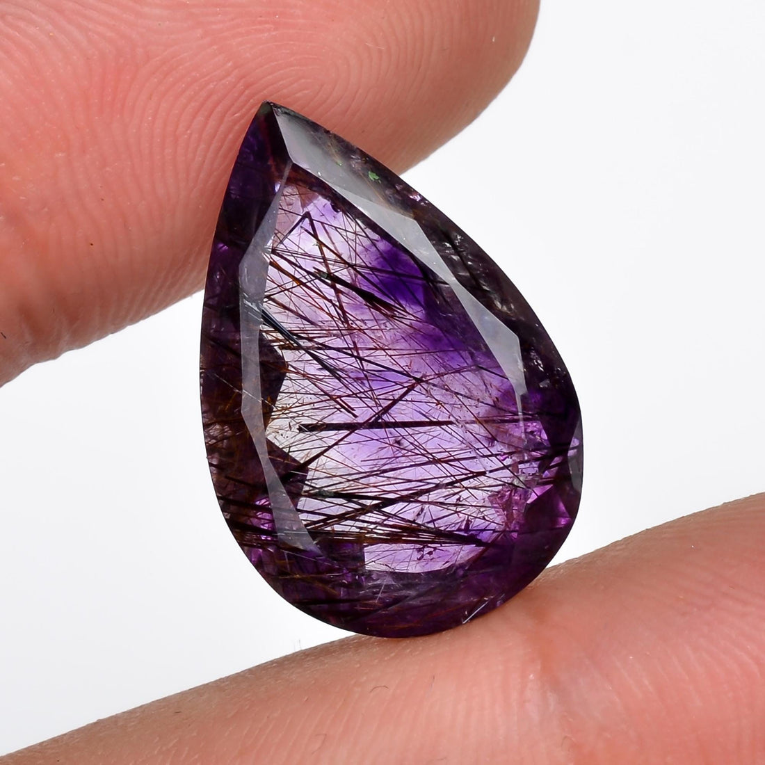 amethyst with cacoxenite natural quartz pear shape cut stone loose gemstone