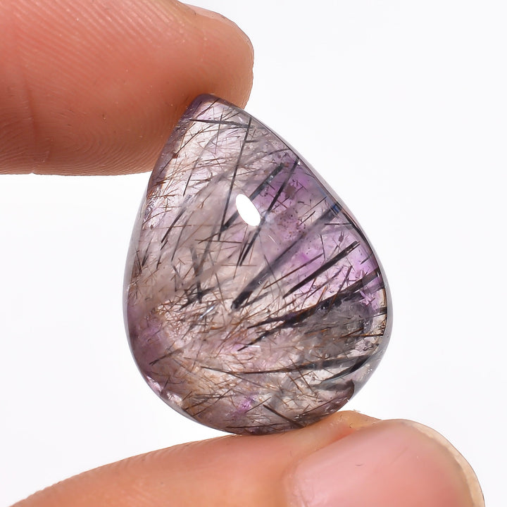 amethyst with black rutile pear shape cabochon loose gemstone