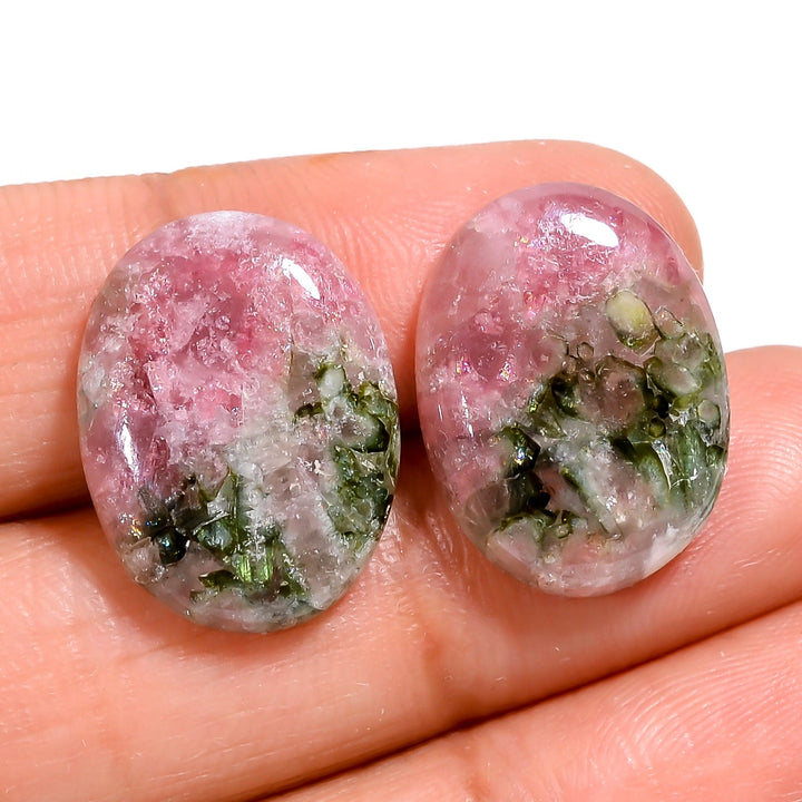pink green tourmaline natural oval shape cabochon loose gemstone pair