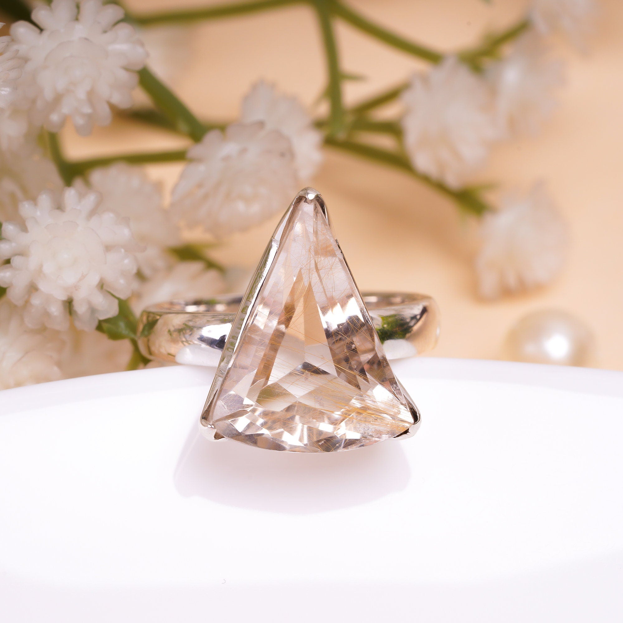 natural golden rutile quartz triangle shape ethnic handmade 925 sterling silver ring 8 75 us 6 9 gms y 7776