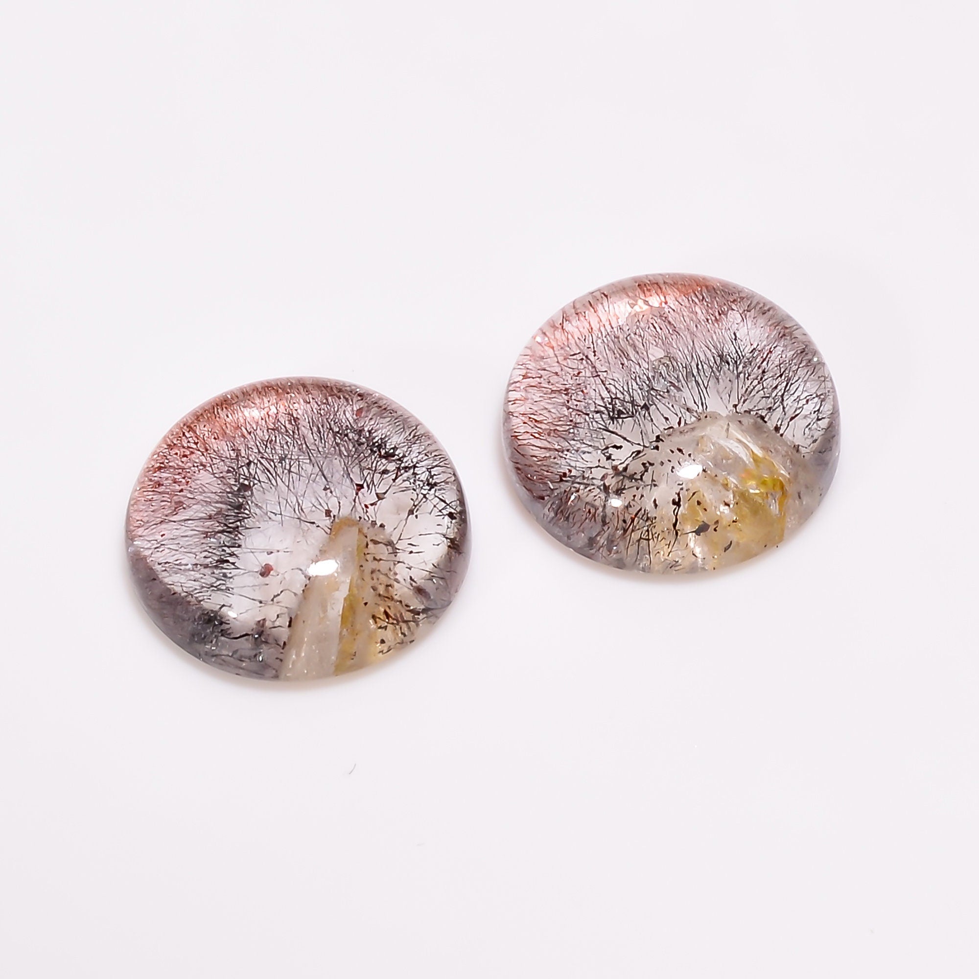 elestial quartz with lepidocrocite round shape cabochon natural loose gemstone pair