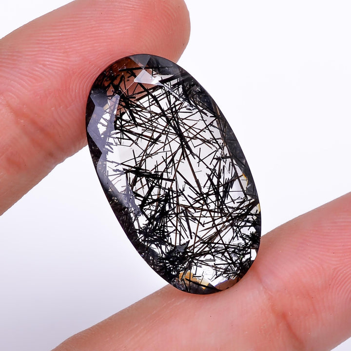 black rutile quartz both side flat cut oval shape cut stone loose gemstone