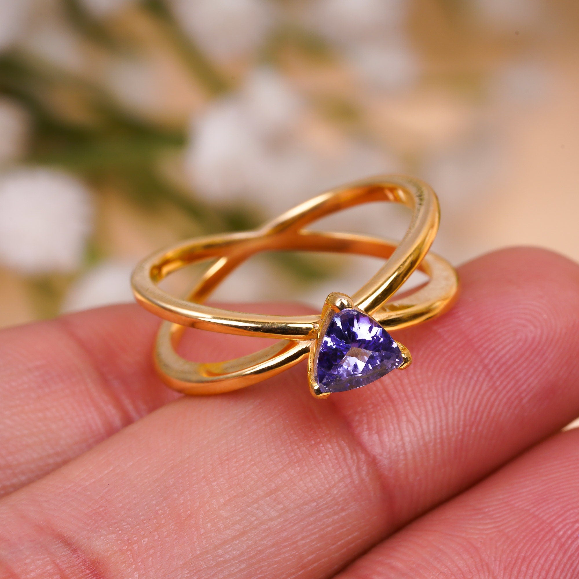 natural tanzanite trillion shape ethnic handmade ring 925 sterling silver 14k gold plated ring 8 75 us 3 5 gms y 7786