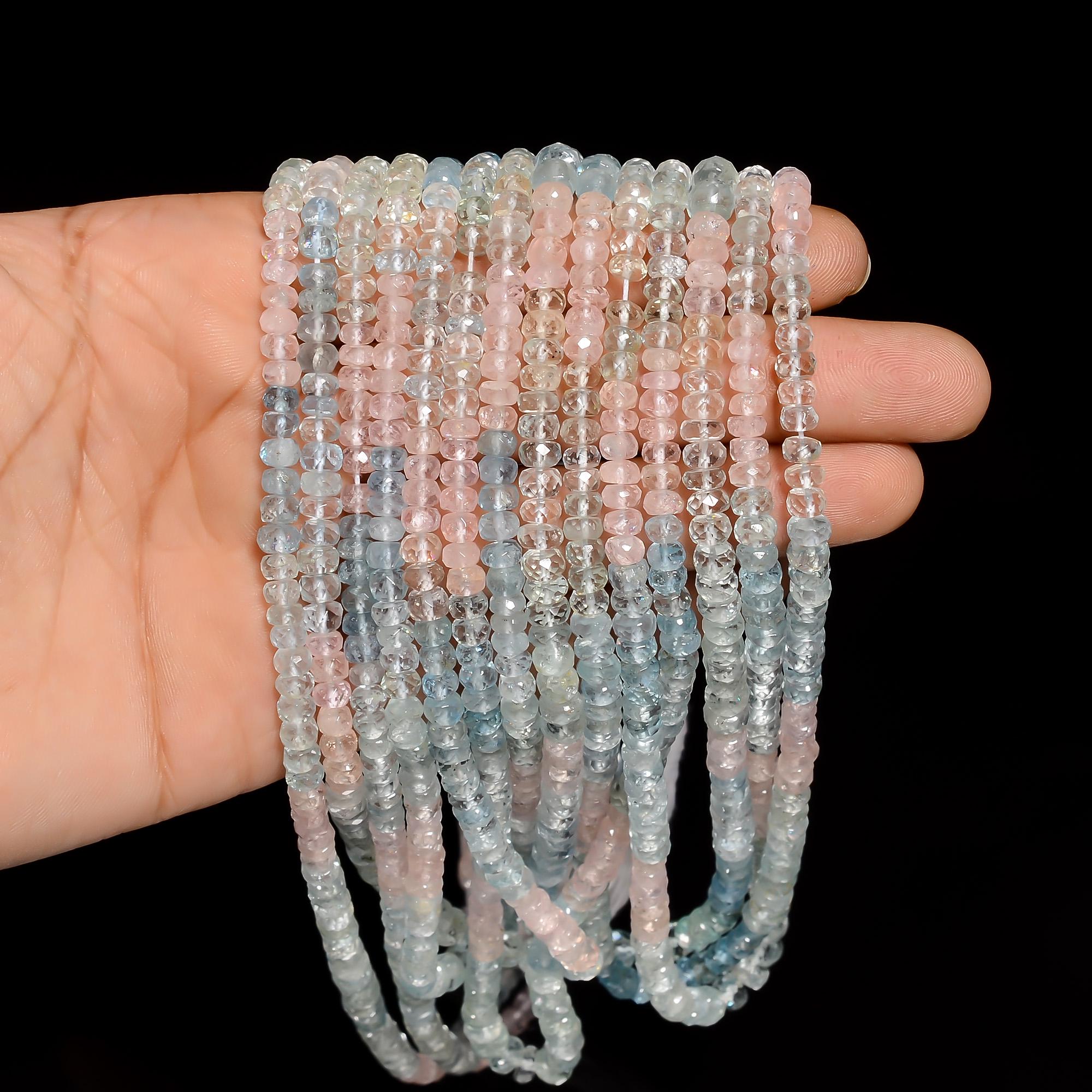 multi aquamarine natural gemstone rondelle shape faceted 10 lines strand 16 beads 4x4x3 mm 746 5 ct yn 521