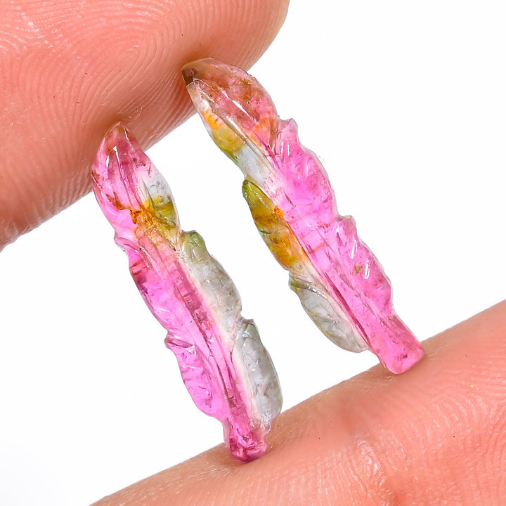 natural bio tourmaline leaf shape carved loose gemstone pair