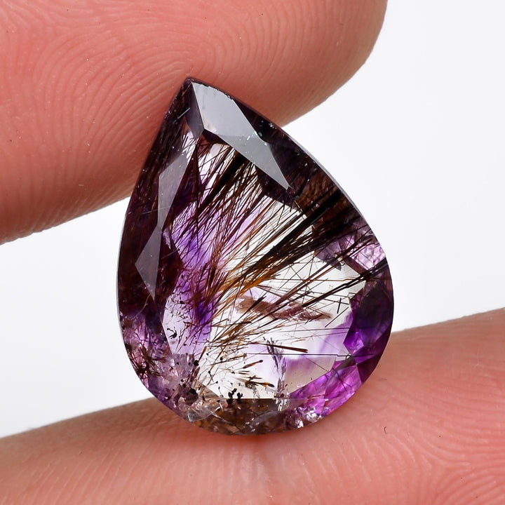 amethyst with cacoxenite natural quartz pear shape cut stone loose gemstone