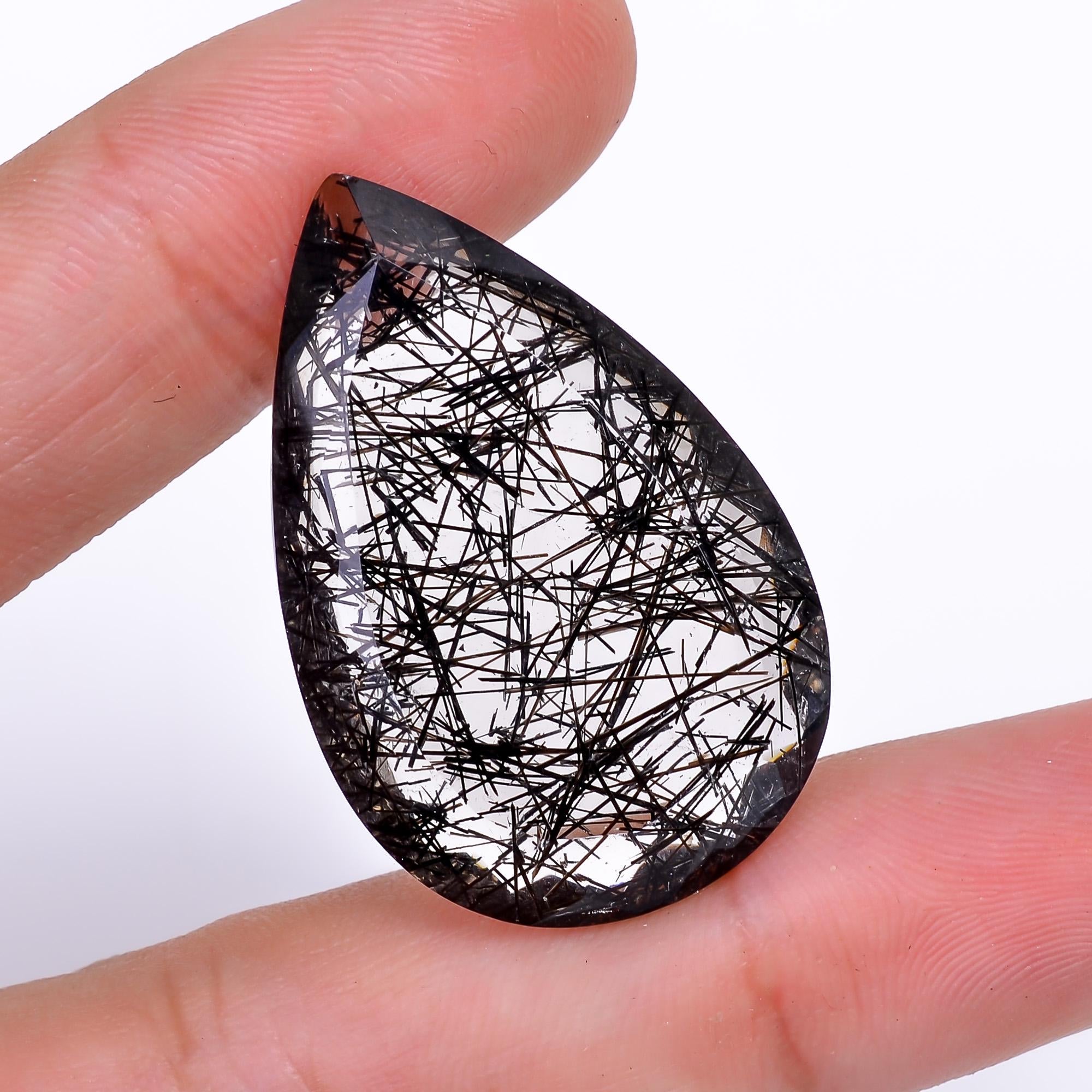 black rutile quartz both side flat cut pear shape cut stone loose gemstone