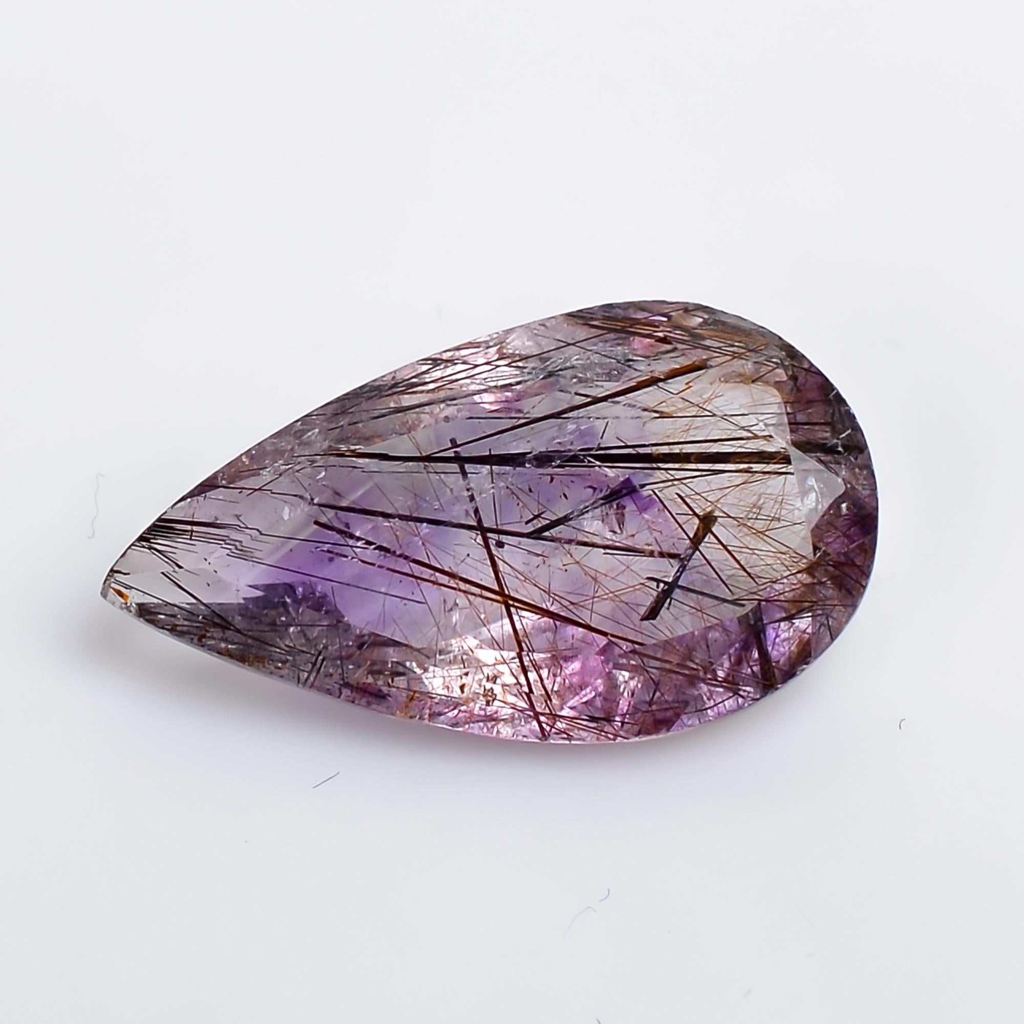 amethyst with cacoxenite natural quartz pear shape cut stone loose gemstone
