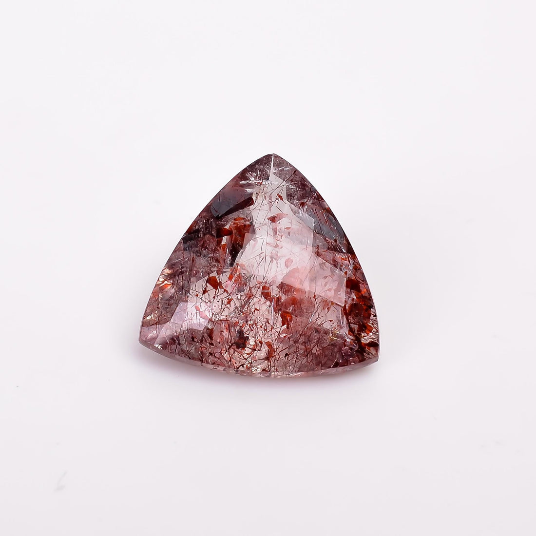 elestial quartz with lepidocrocite hematite trillion shape faceted loose gemstone