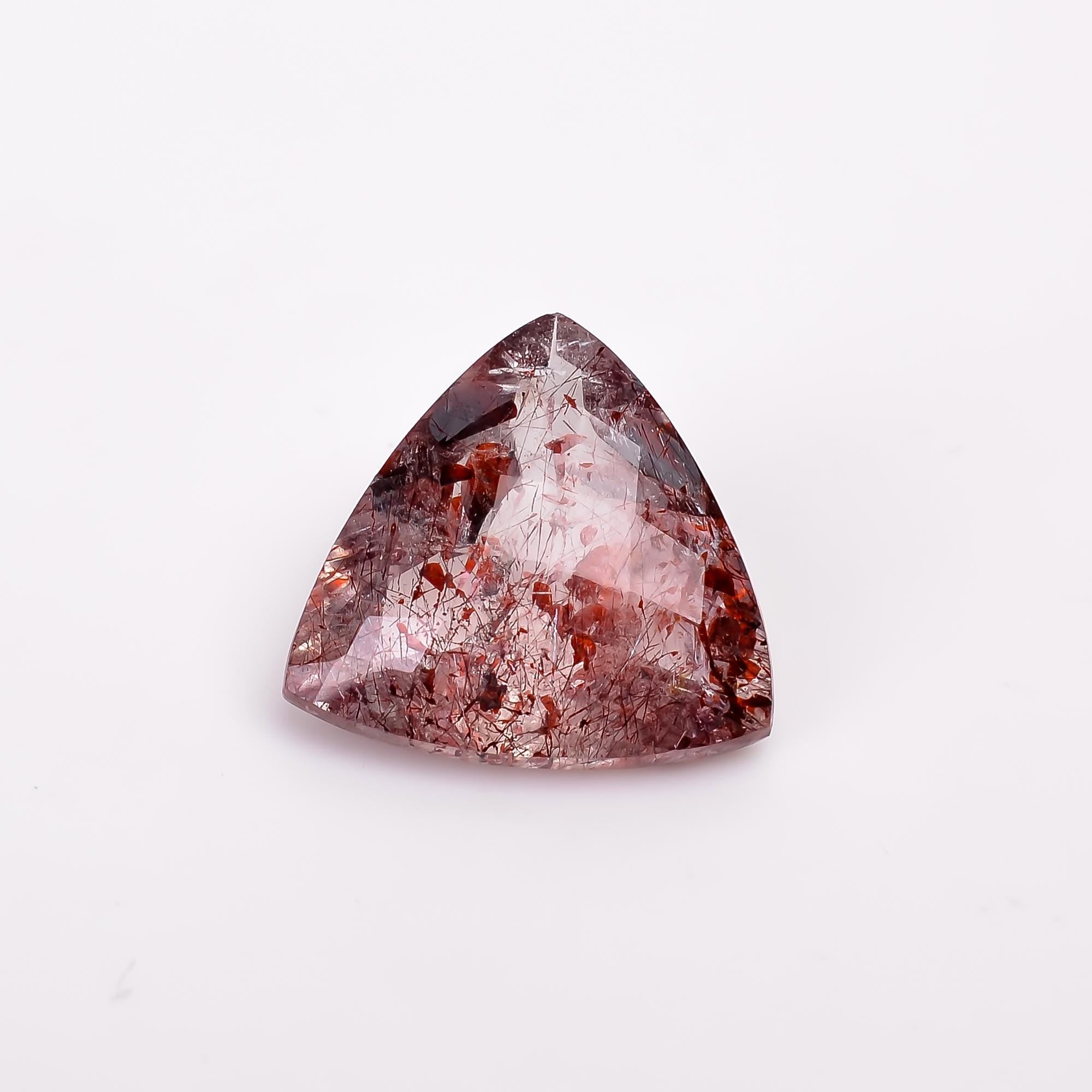 elestial quartz with lepidocrocite hematite trillion shape faceted loose gemstone