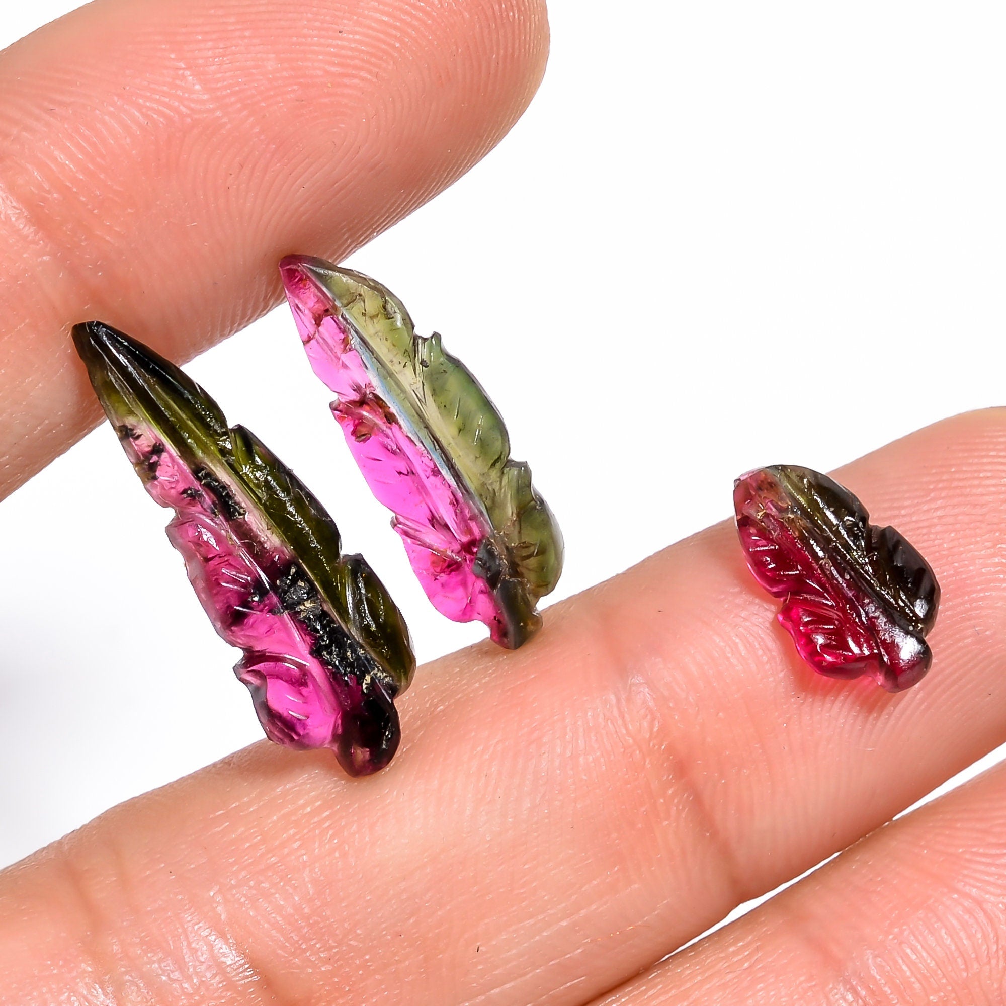 natural bio tourmaline leaf shape carved loose gemstone 3 pcs