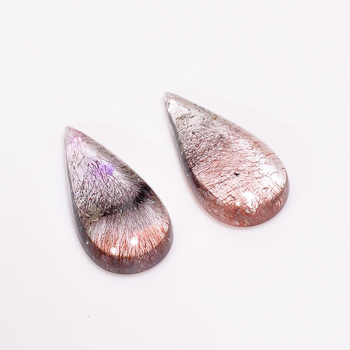 elestial quartz with lepidocrocite pear shape cabochon natural loose gemstone pair