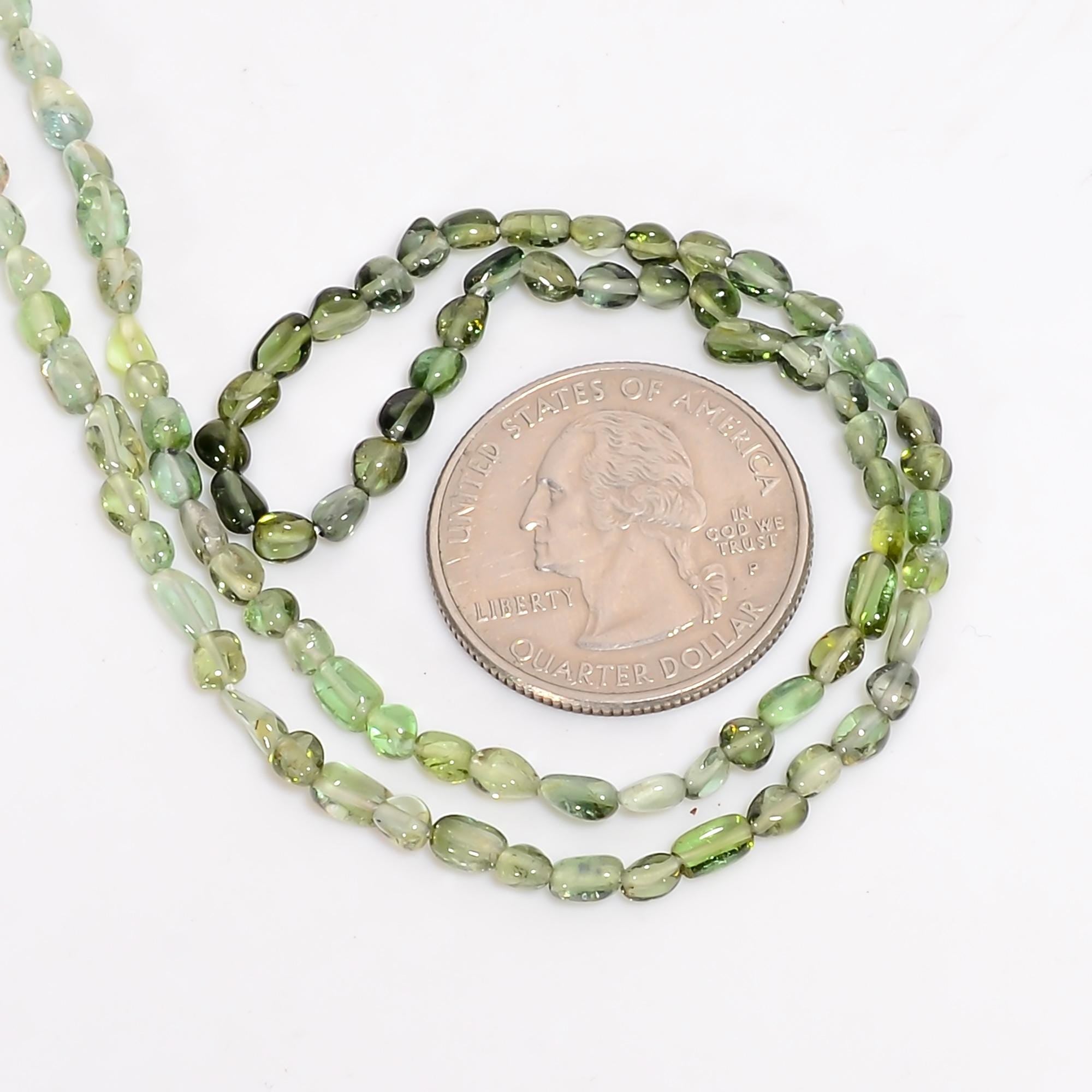 mint green tourmaline natural gemstone tumbled shape smooth 7 lines strand 16 beads 4x3 6x4 mm 261 ct yn 513