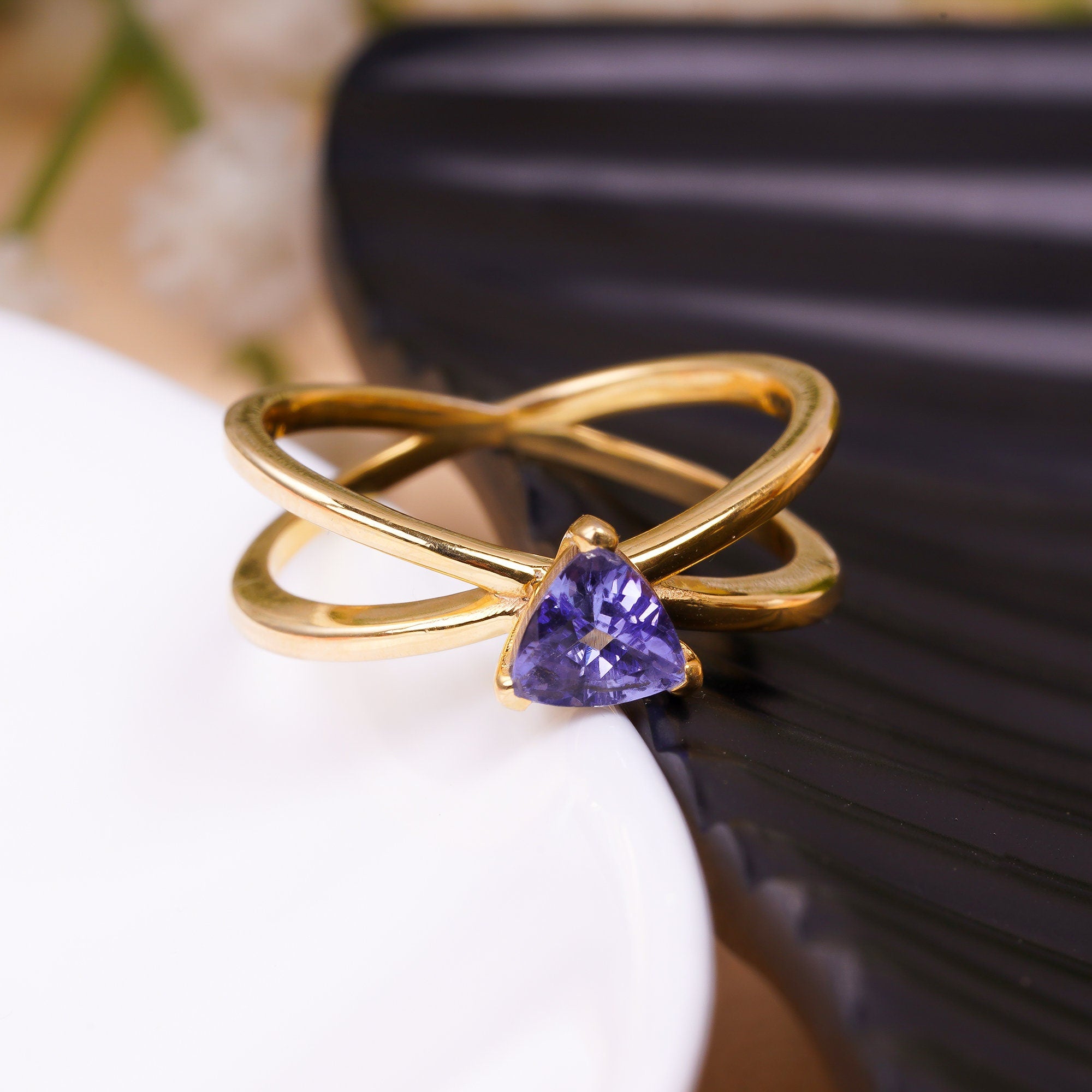 natural tanzanite trillion shape ethnic handmade ring 925 sterling silver 14k gold plated ring 8 75 us 3 5 gms y 7786