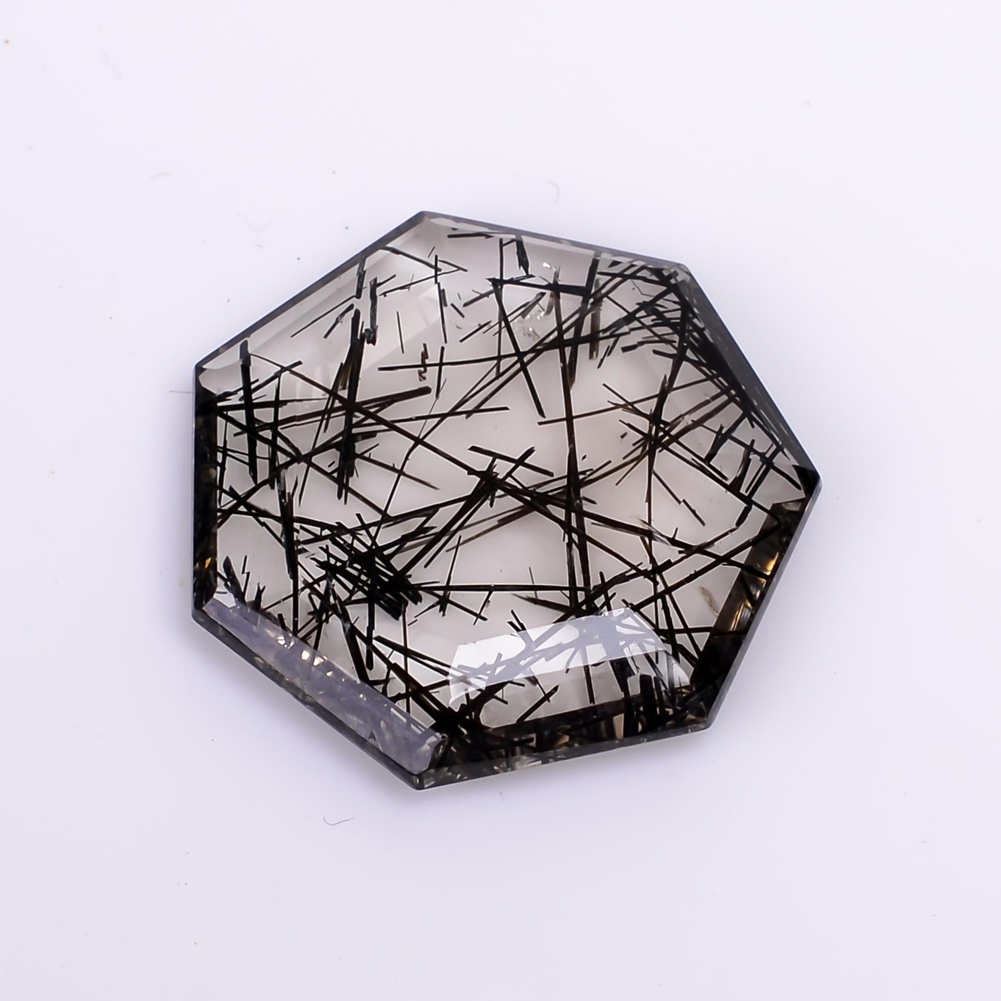 black rutile quartz both side flat cut hexagon shape cut stone loose gemstone