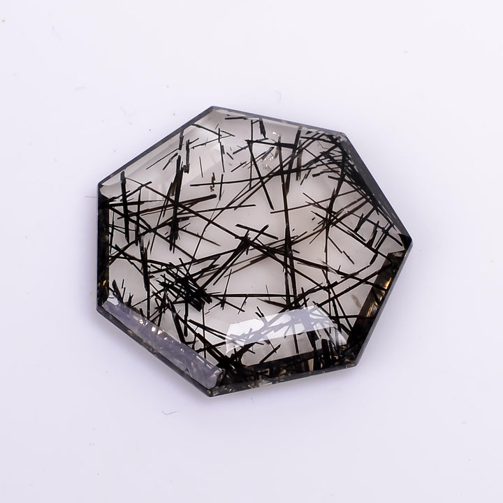 black rutile quartz both side flat cut hexagon shape cut stone loose gemstone