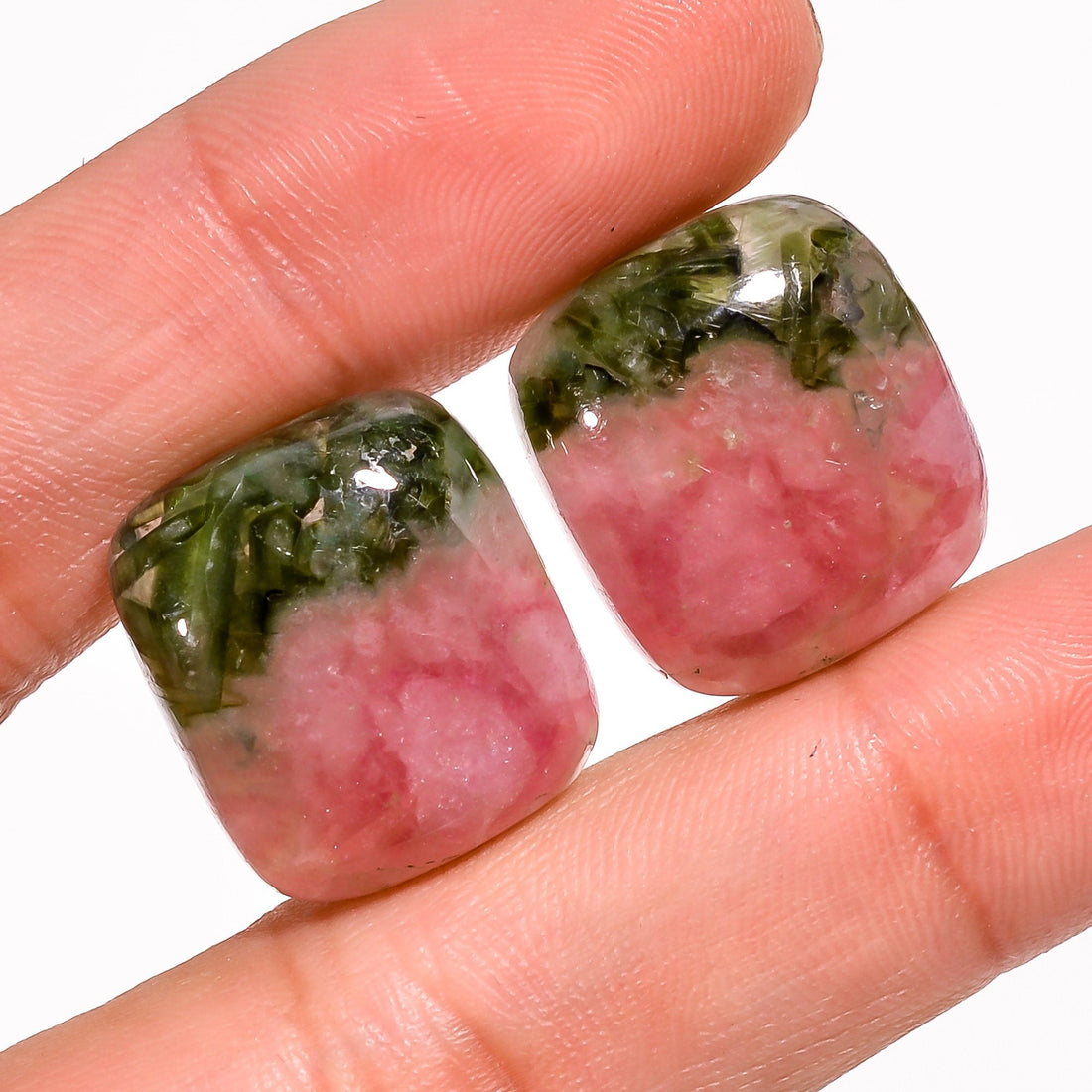 green pink tourmaline bio color radiant shape cabochon natural loose gemstone pair