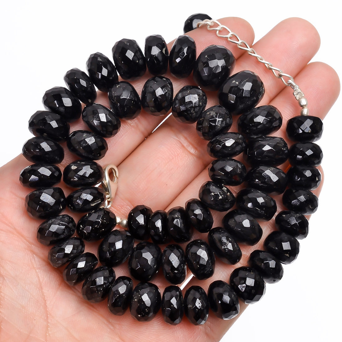 Natural Black Tourmaline Gemstone Rondelle Shape Faceted Beads Necklace 17-19" 9X9 14X14 mm 463 Ct. YN-135