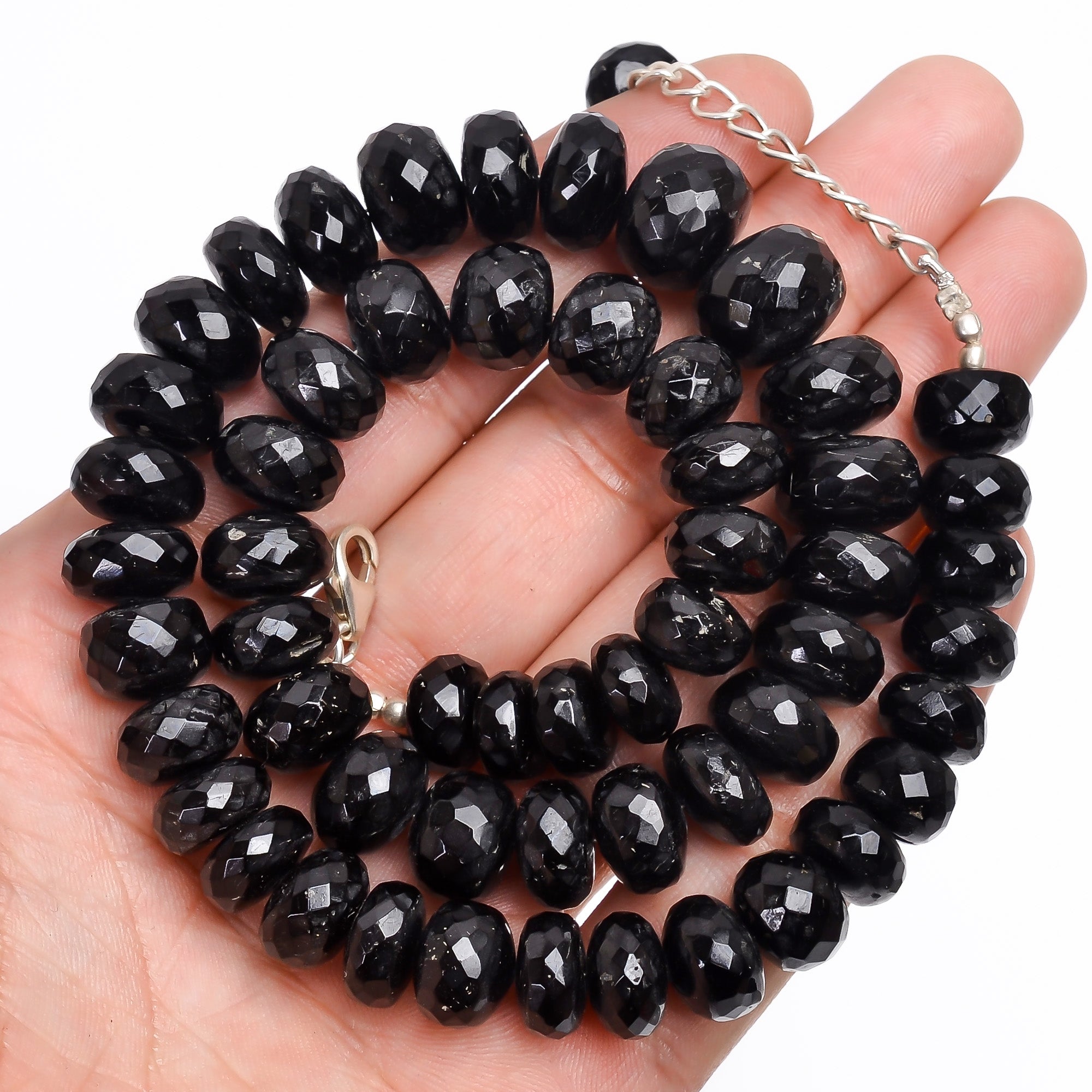 Natural Black Tourmaline Gemstone Rondelle Shape Faceted Beads Necklace 17-19" 9X9 14X14 mm 463 Ct. YN-135