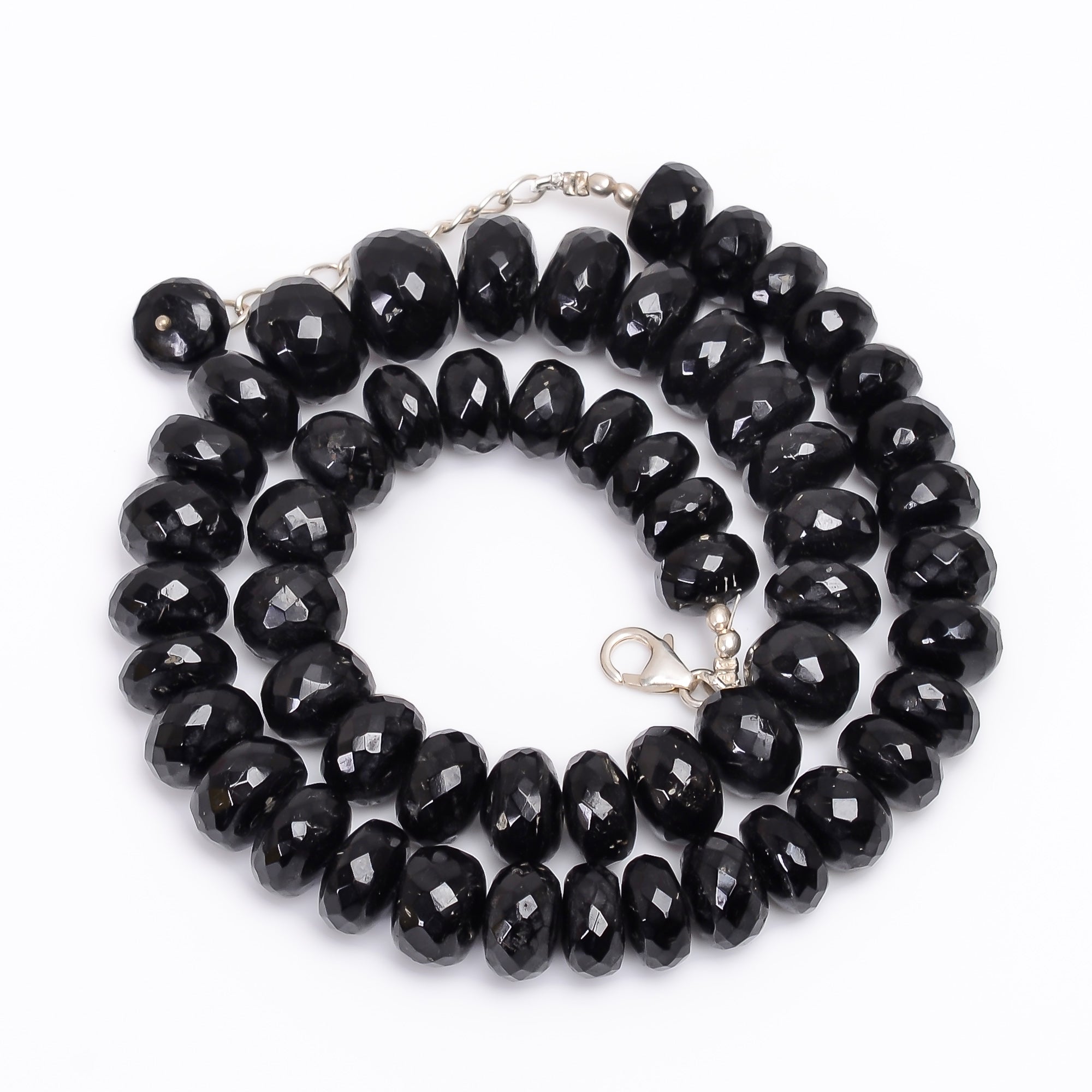 Natural Black Tourmaline Gemstone Rondelle Shape Faceted Beads Necklace 17-19" 9X9 14X14 mm 463 Ct. YN-135