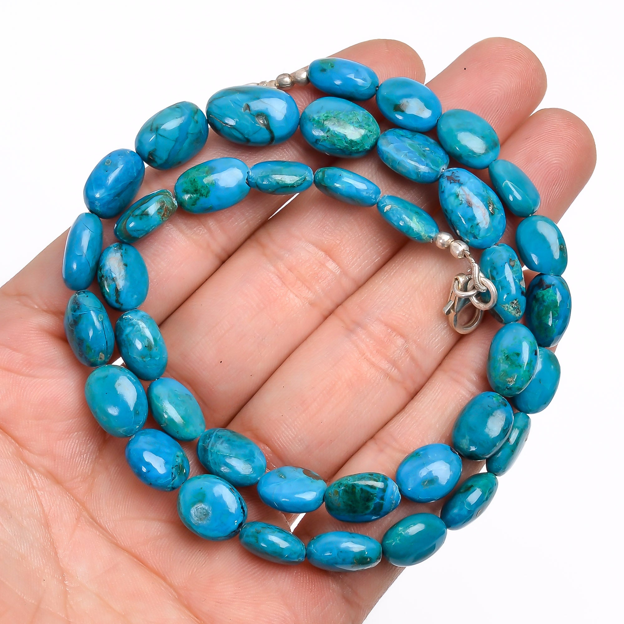 Natural Chrysocolla Gemstone Oval Shape Smooth Beads Necklace 17-19" 9X7 14X9 mm, 146 Ct. YN-139