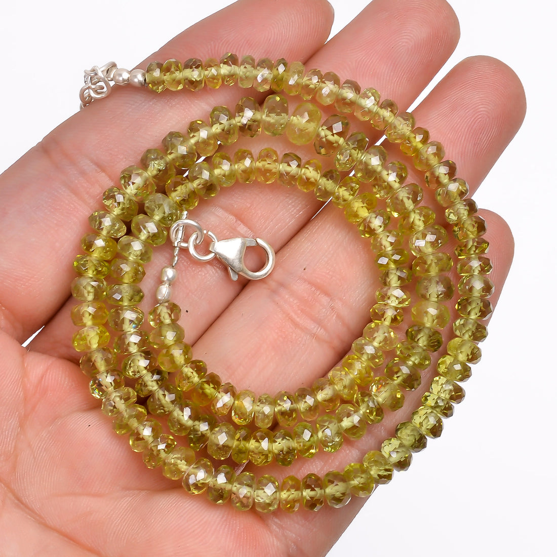 Natural Peridot Gemstone Rondelle Shape Faceted Beads Necklace 17-19", 4*4  6*6 MM, 129.5 Ct. YN-145