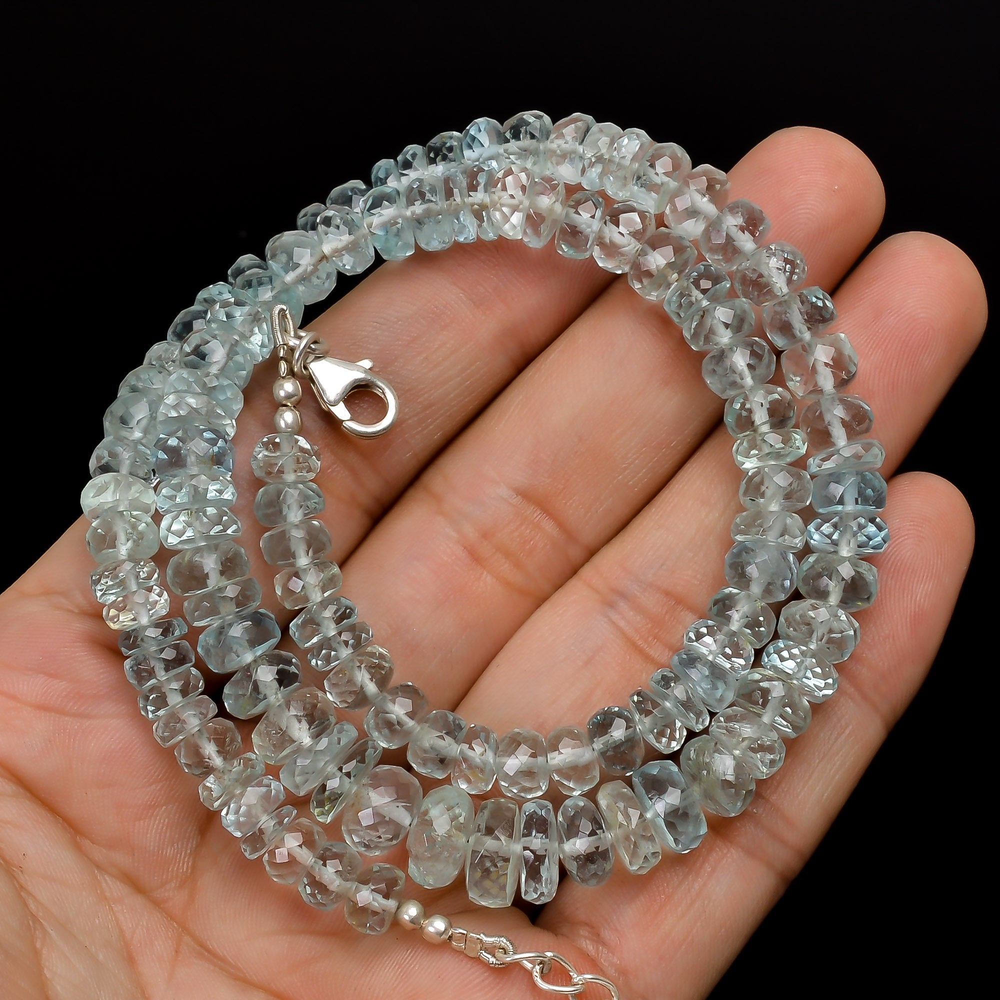 Natural Aquamarine Gemstone Rondelle Shape Faceted Beads Necklace 17-19", 6*6  9*9 , 172.5 Ct. YN-161