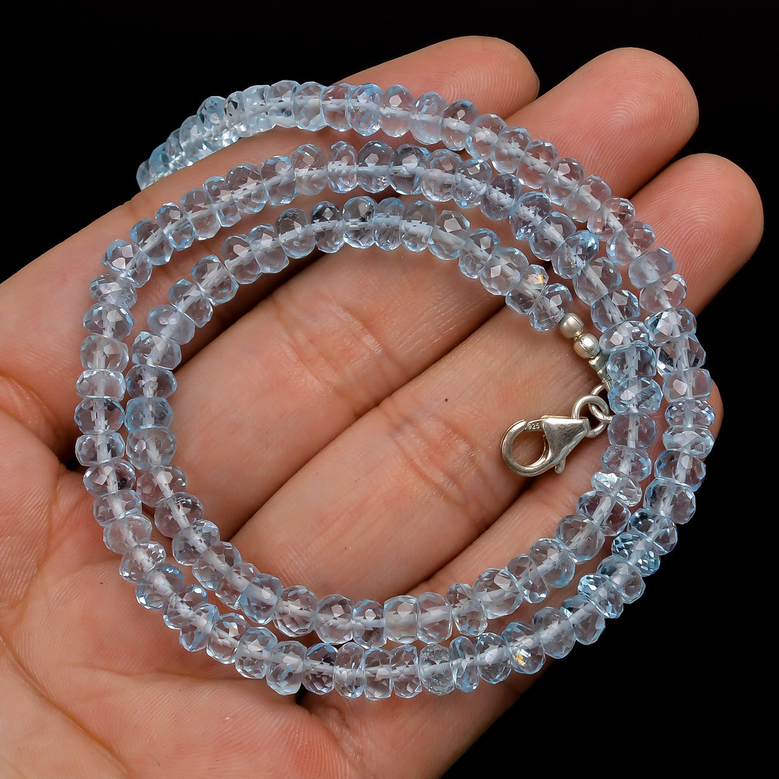 Natural Aquamarine Gemstone Rondelle Shape Faceted Beads Necklace 17-19", 5X5X4 mm, 137 Ct. YN-162
