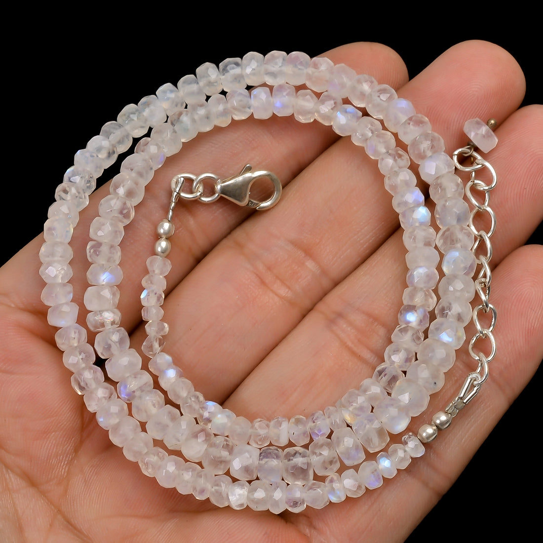 Natural Rainbow Moonstone Gemstone Rondelle Shape Faceted Beads Necklace 17-19", 4X4 5X5 mm, 84 Ct. YN-169