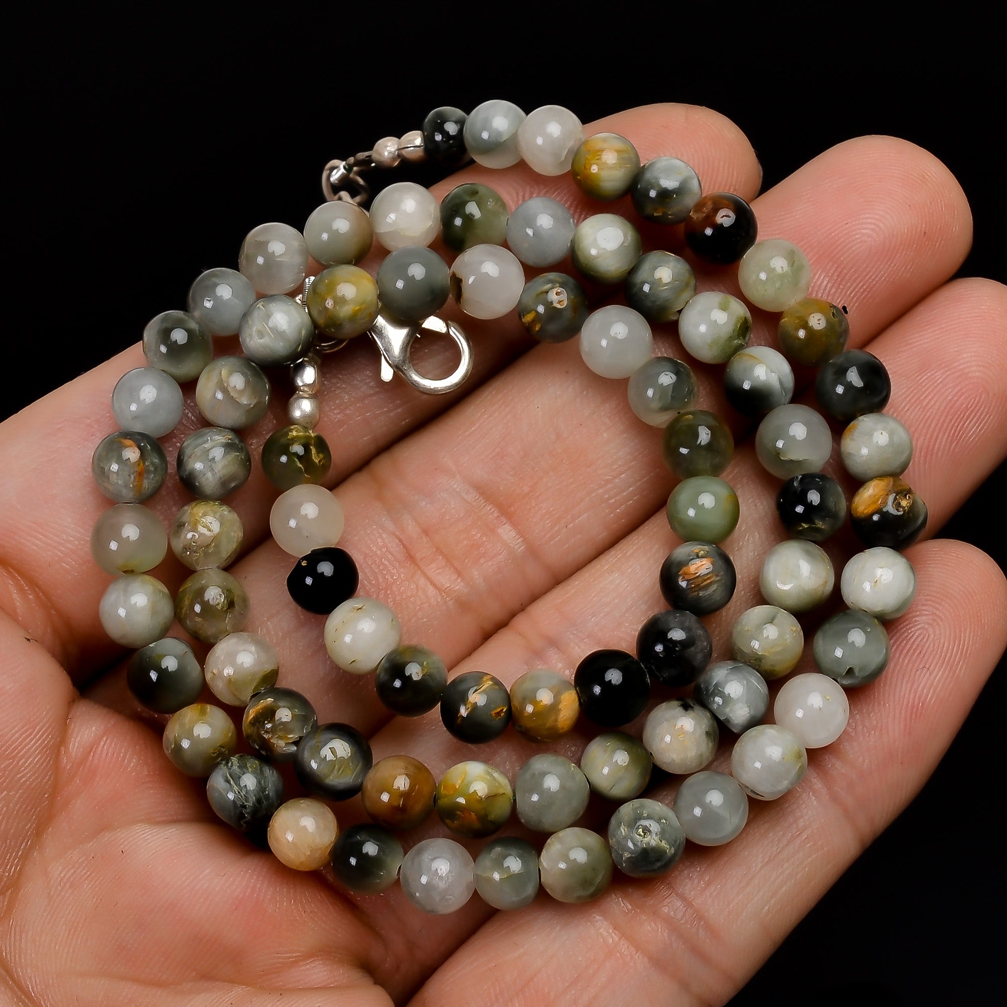 Natural Green Cats Eye Gemstone Round Shape Smooth Beads Necklace 17-19", 5X5 6X6 mm,95.5 Ct. YN-171