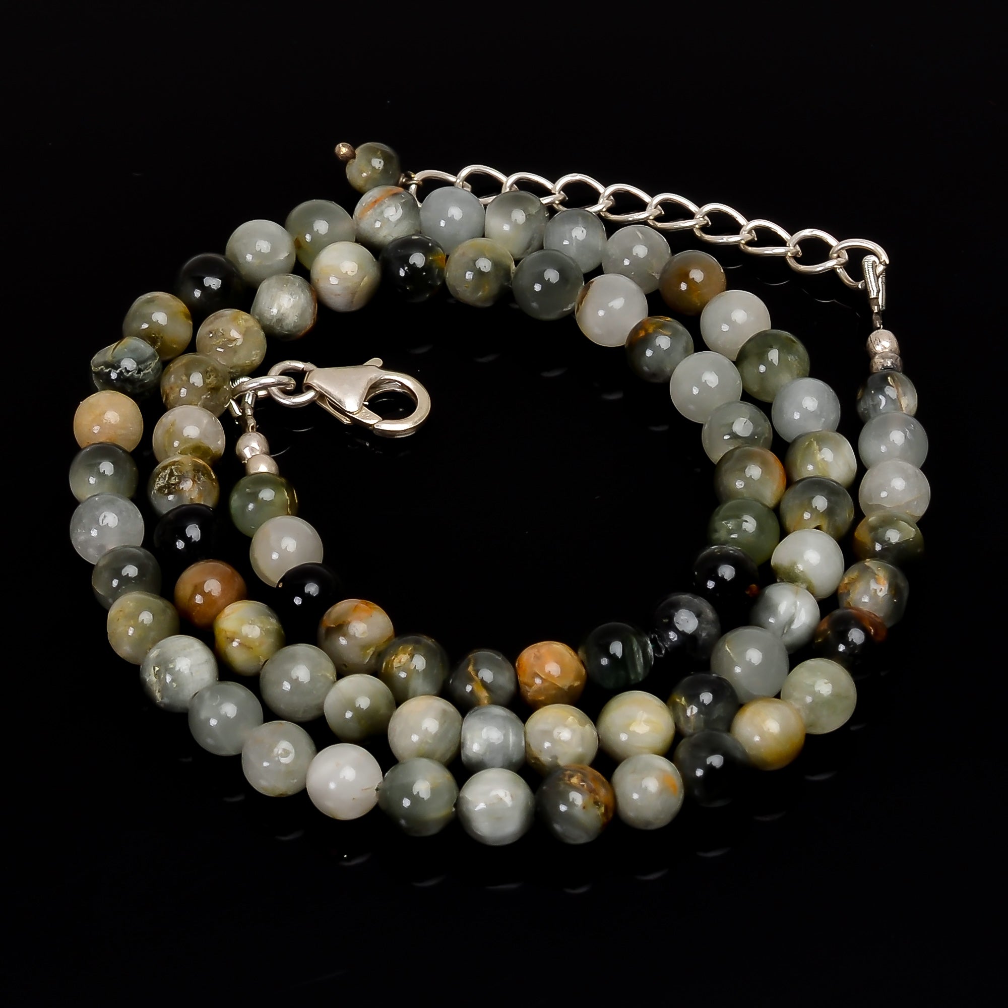 Natural Green Cats Eye Gemstone Round Shape Smooth Beads Necklace 17-19", 5X5 6X6 mm,95.5 Ct. YN-171