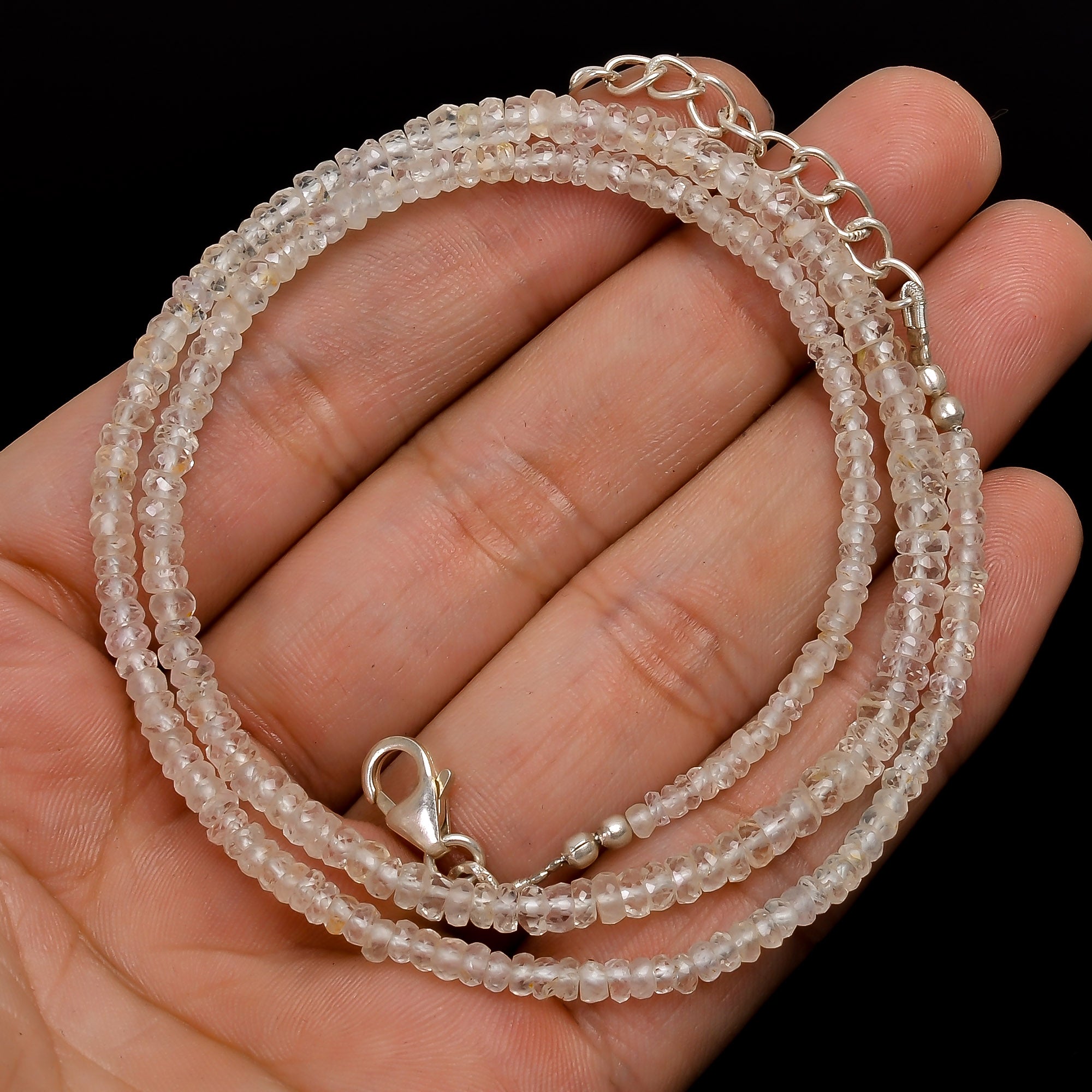 Natural White Sapphire Gemstone Rondelle Shape Faceted Beads Necklace 17-19", 3X3 4X4 mm, 61.5 Ct. YN-180