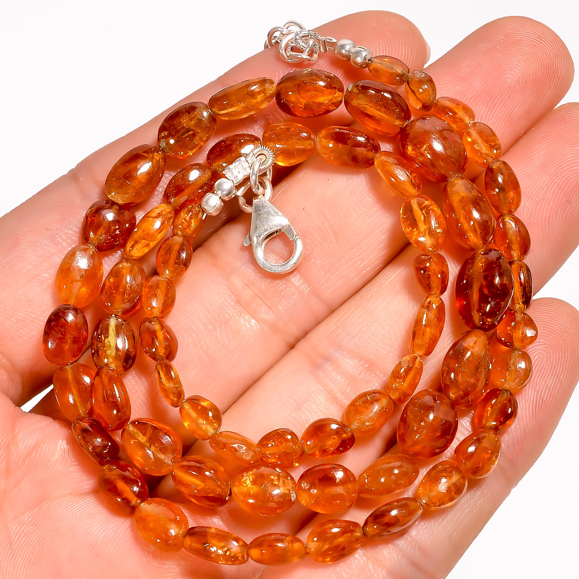 Hessonite Garnet Natural Gemstone Oval Shape Smooth Beads Necklace 17-19" ,5X4 10X8 mm 98.5 Ct. YN-182