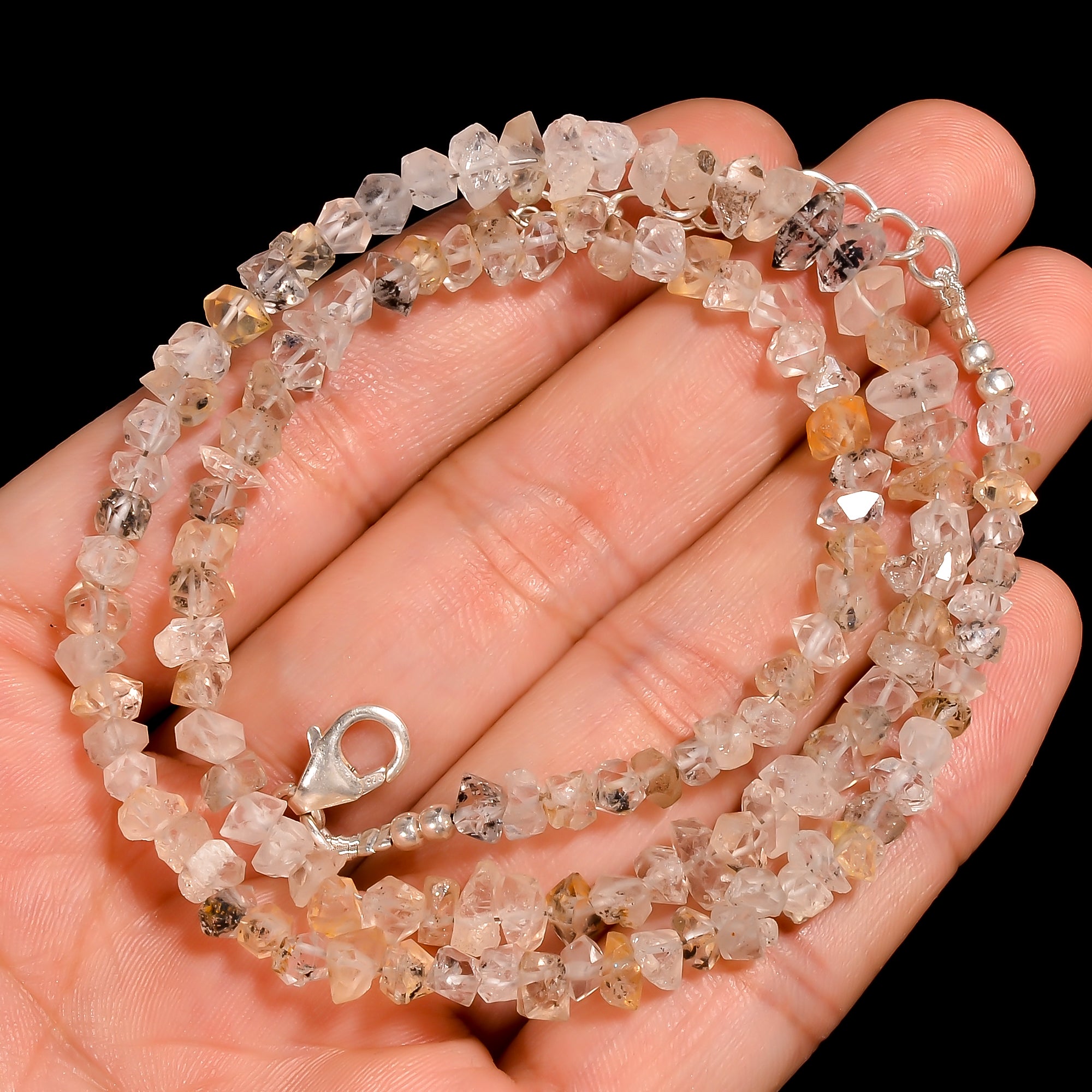 Herkimer Diamond Natural Gemstone Fancy Shape Faceted Beads Necklace 17-19" ,4X2 7X3 mm 68 Ct. YN-196