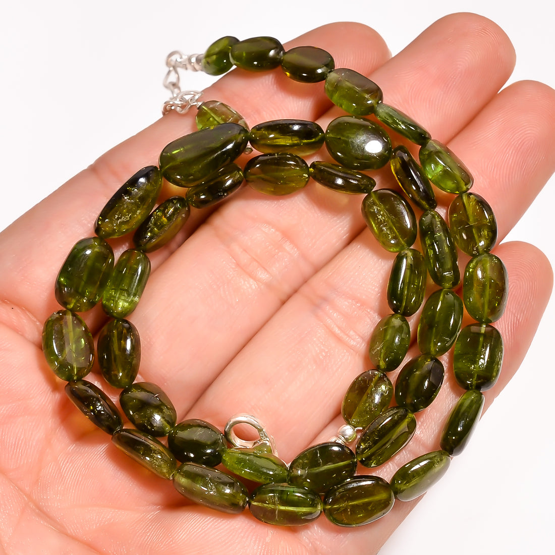 Green Tourmaline Natural Gemstone Oval Shape Smooth Beads Necklace 17-19" ,8X6 13X8 mm 113 Ct. YN-198