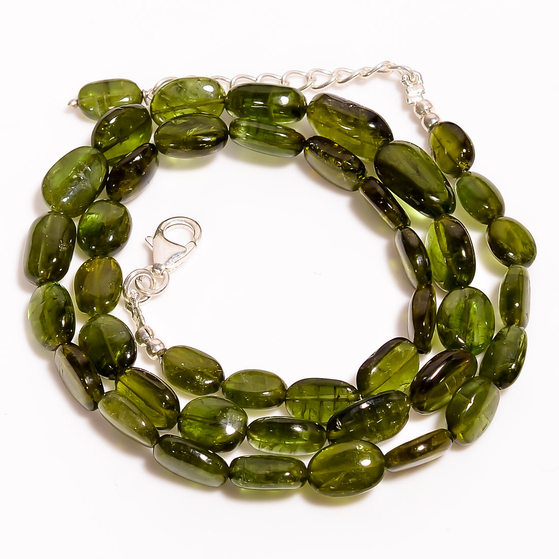 Green Tourmaline Natural Gemstone Oval Shape Smooth Beads Necklace 17-19" ,8X6 13X8 mm 113 Ct. YN-198