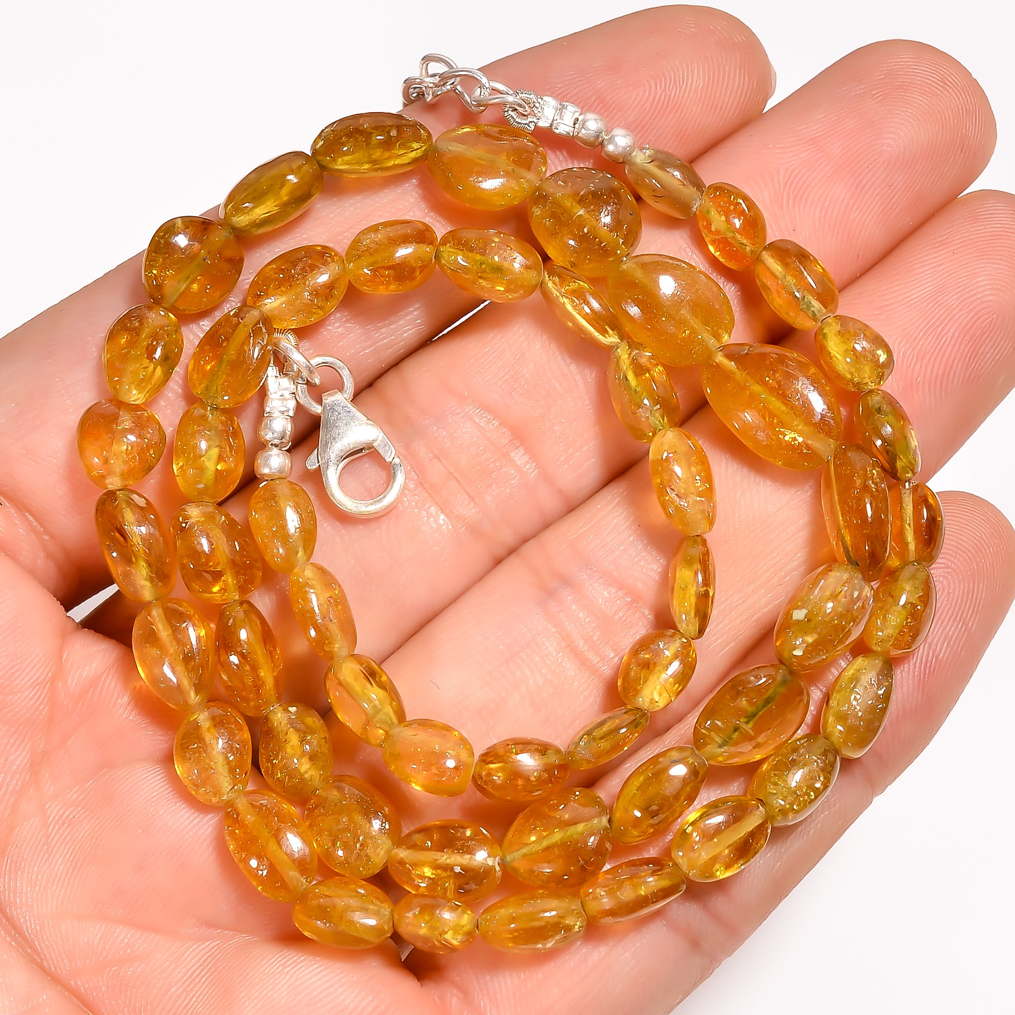 Yellow Tourmaline Natural Gemstone Oval Shape Smooth Beads Necklace 17-19" ,6X5 10X7 mm 96.5 Ct. YN-200