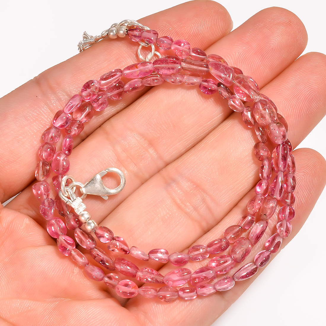 Pink Tourmaline Natural Gemstone Oval Shape Smooth Beads Necklace 17-19" ,3X3 7X4 mm 45 Ct. YN-207