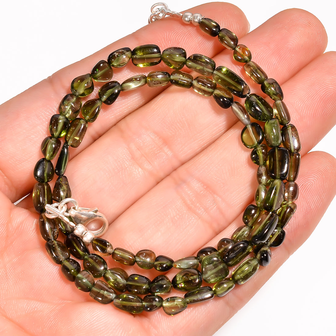 Green Tourmaline Natural Gemstone Tumbled Shape Smooth Beads Necklace 17-19" ,4X4 9X3 mm 62 Ct. YN-212