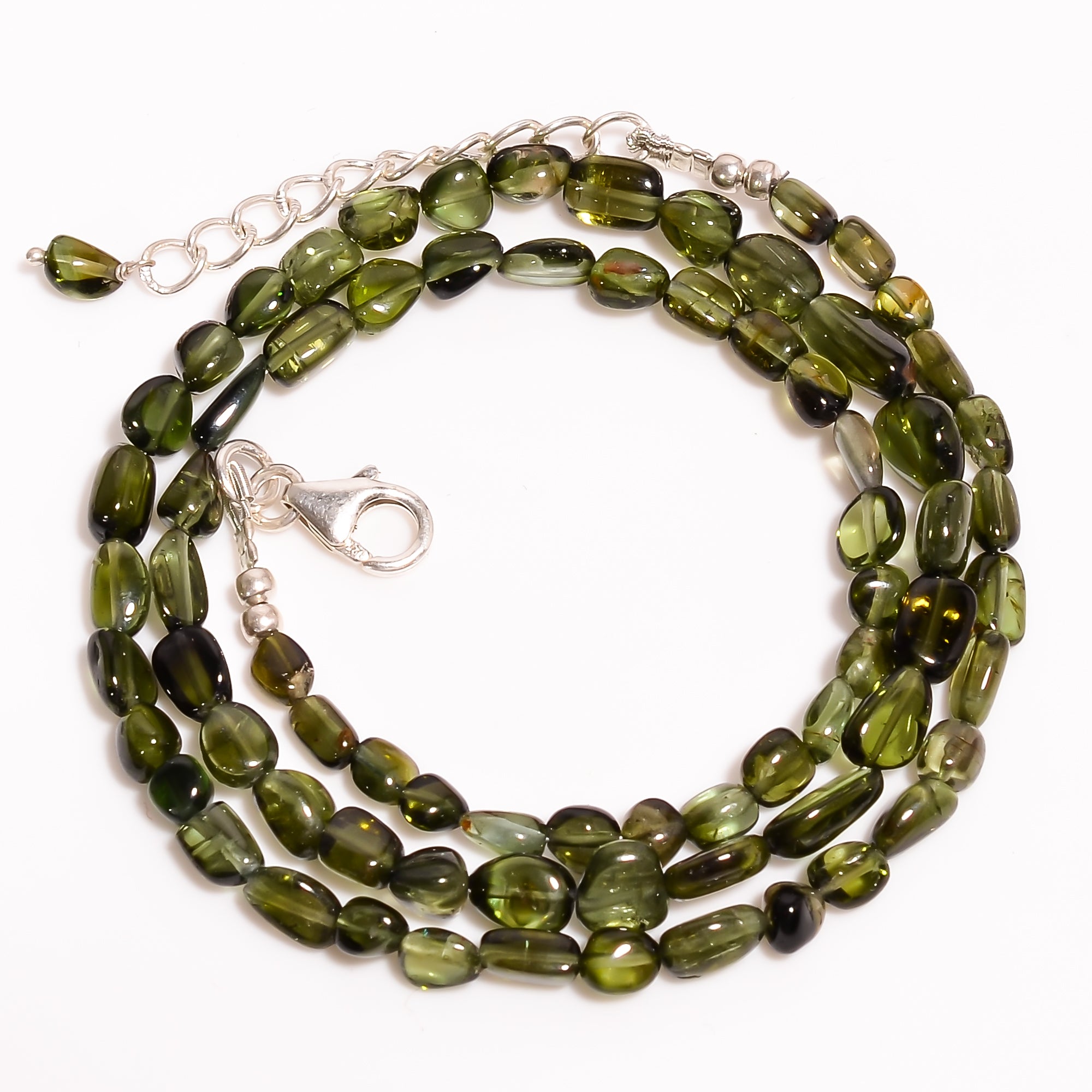 Green Tourmaline Natural Gemstone Tumbled Shape Smooth Beads Necklace 17-19" ,4X4 9X3 mm 62 Ct. YN-212