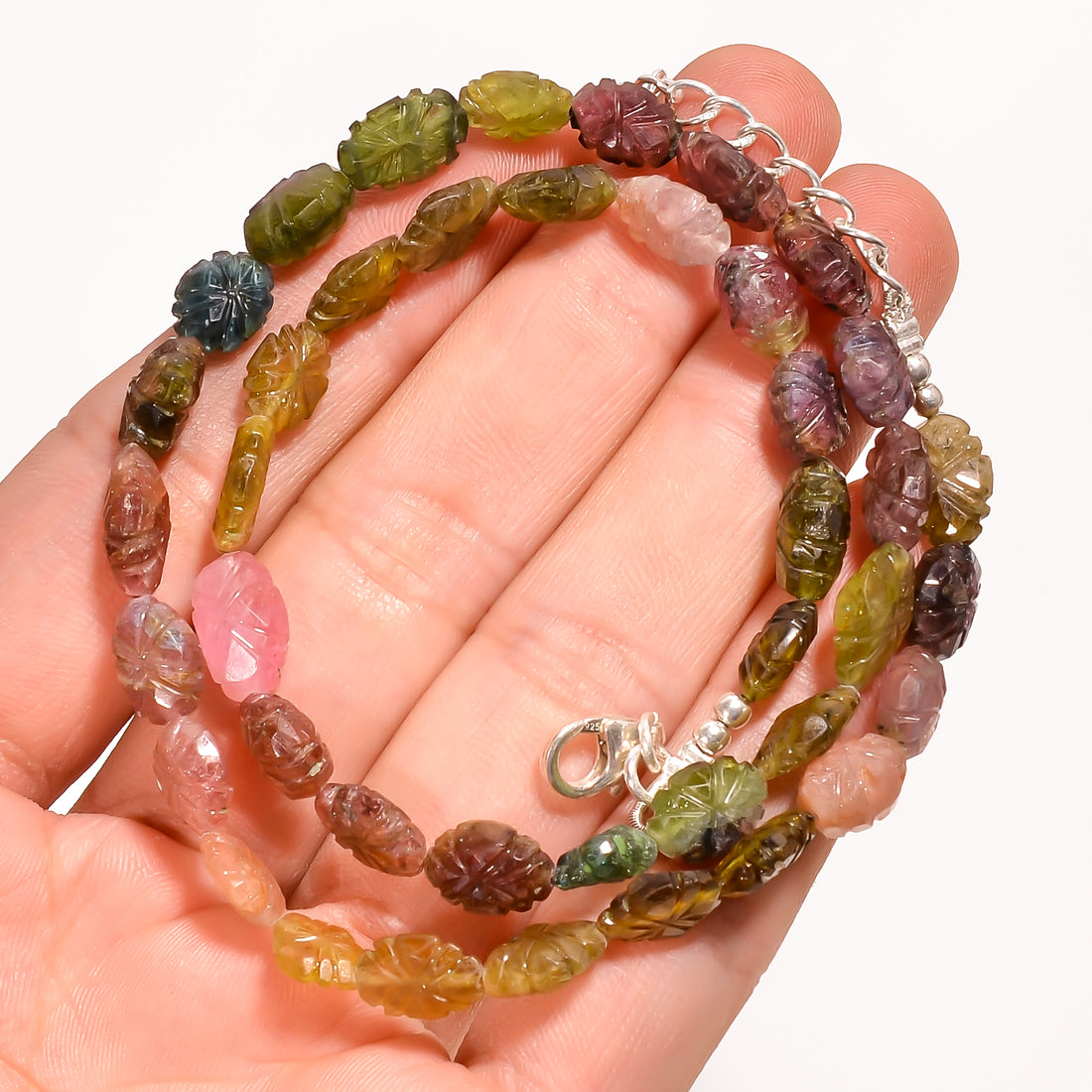 Bio Tourmaline Natural Gemstone Fancy Shape Carved Beads Necklace 16-18" ,7X6 11X7 mm 96 Ct. YN-217