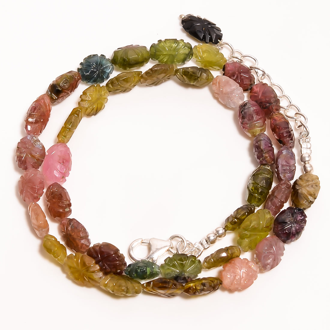 Bio Tourmaline Natural Gemstone Fancy Shape Carved Beads Necklace 16-18" ,7X6 11X7 mm 96 Ct. YN-217