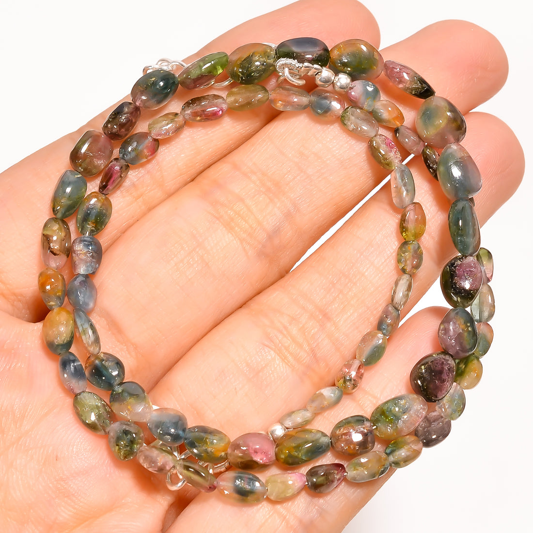 Bio Tourmaline Natural Gemstone Tumbled Shape Smooth Beads Necklace 17-19" ,4X3 8X5 mm 59.5 Ct. YN-218