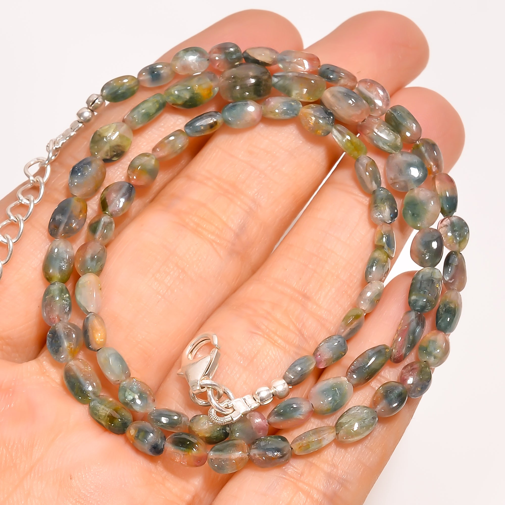 Bio Tourmaline Natural Gemstone Tumbled Shape Smooth Beads Necklace 17-19" ,5X3 8X4 mm 57.5 Ct. YN-221