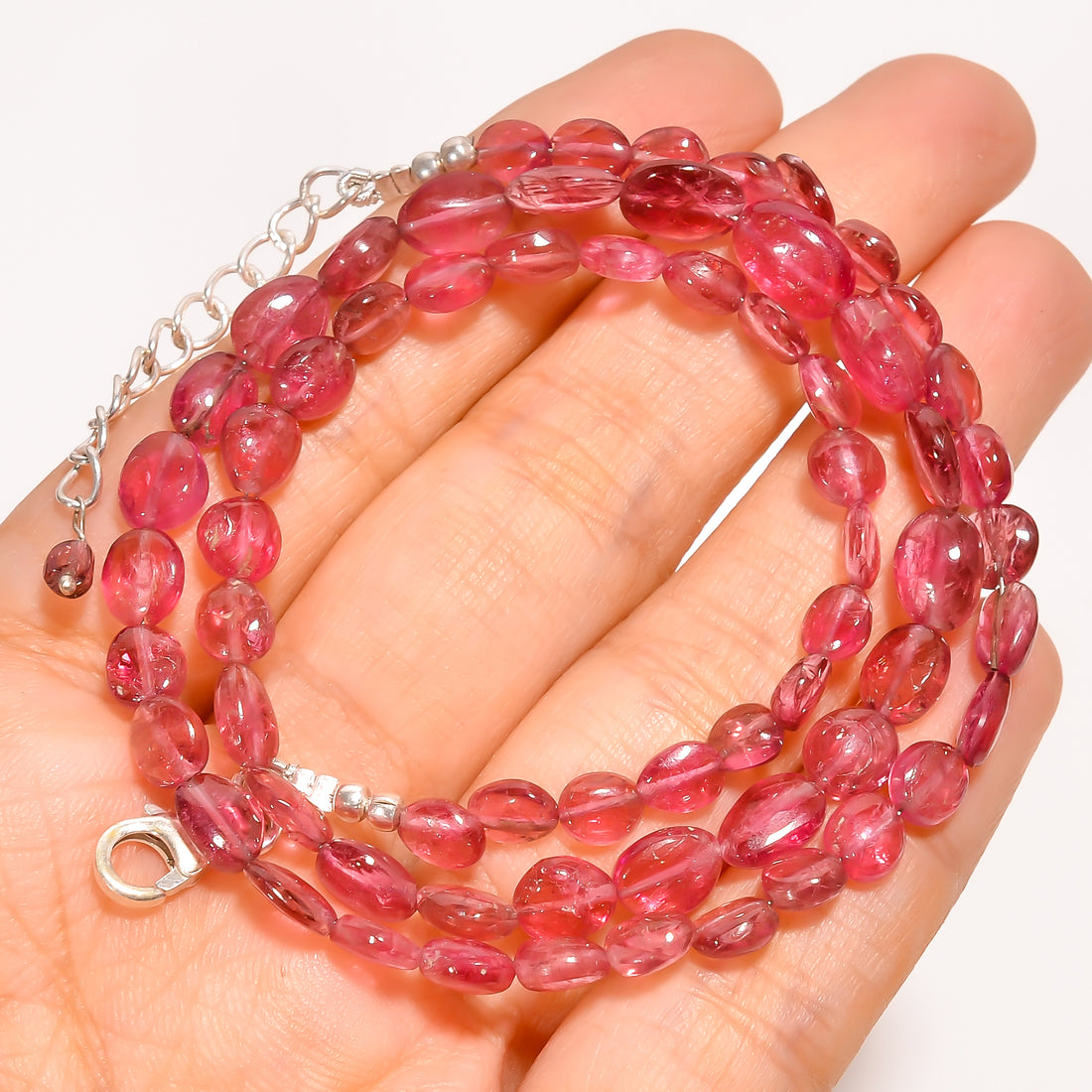 Pink Tourmaline Natural Gemstone Oval Shape Smooth Beads Necklace 17-19" ,5X3 9X6 mm 70.5 Ct. YN-224