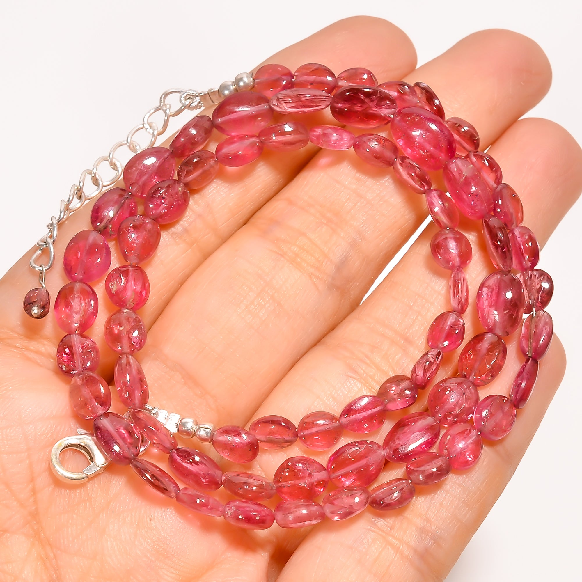 Pink Tourmaline Natural Gemstone Oval Shape Smooth Beads Necklace 17-19" ,5X3 9X6 mm 70.5 Ct. YN-224