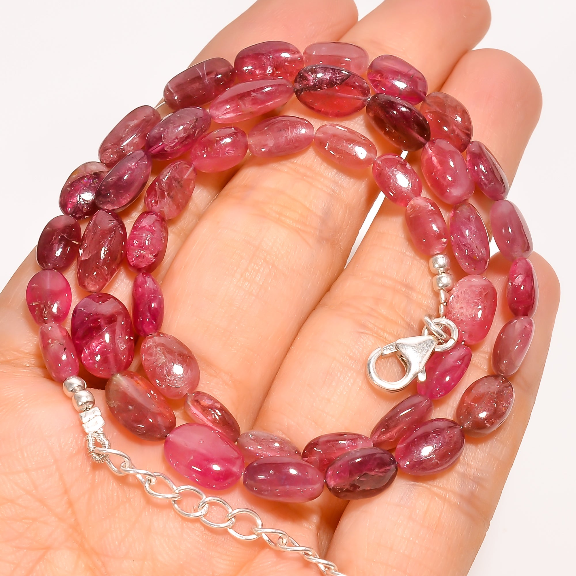 Pink Tourmaline Natural Gemstone Oval Shape Smooth Beads Necklace 17-19" ,7X4 11X6 mm 98 Ct. YN-226