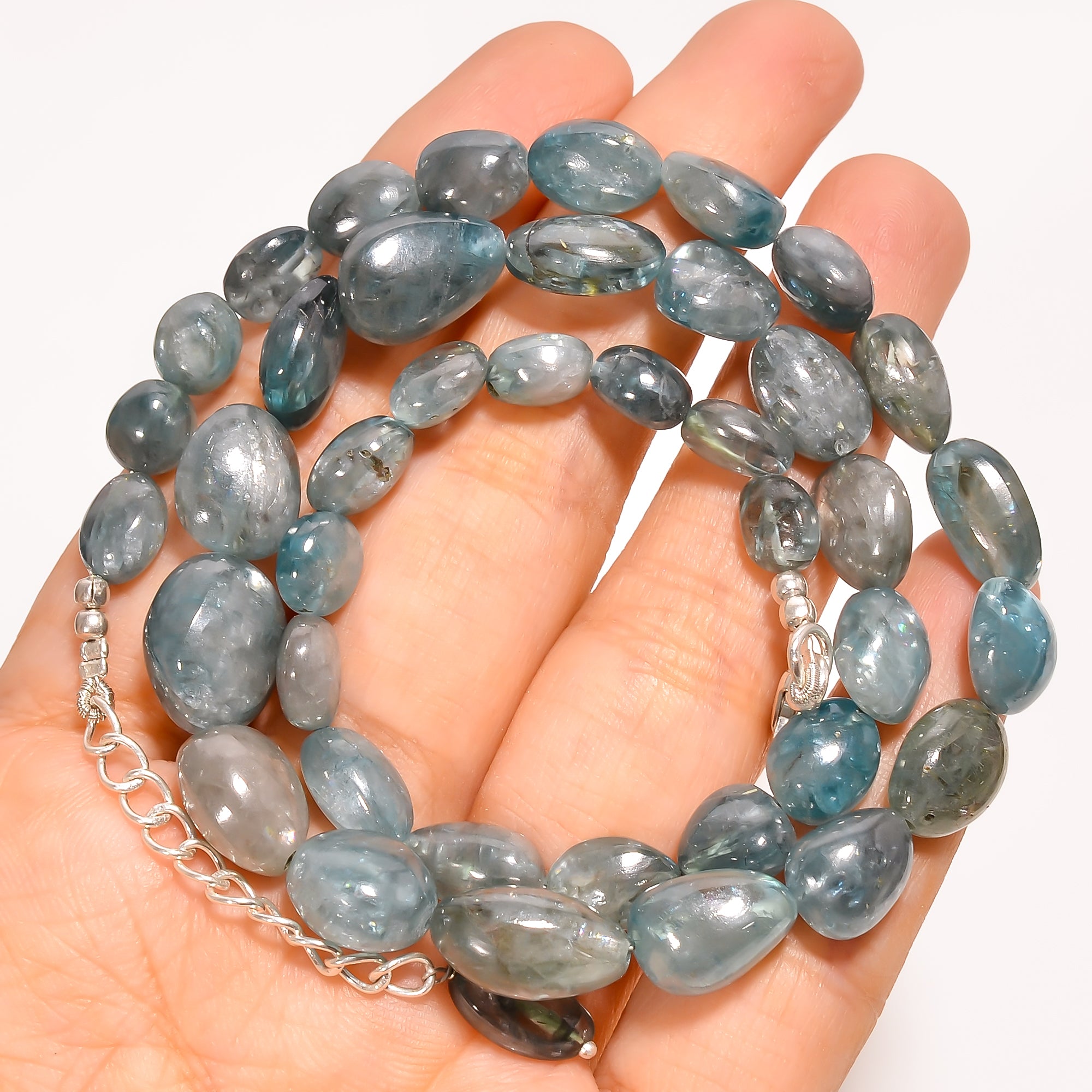 Blue Zircon Natural Gemstone Tumbled Shape Smooth Beads Necklace 16-18" ,7X6 14X9 mm 264 Ct. YN-232