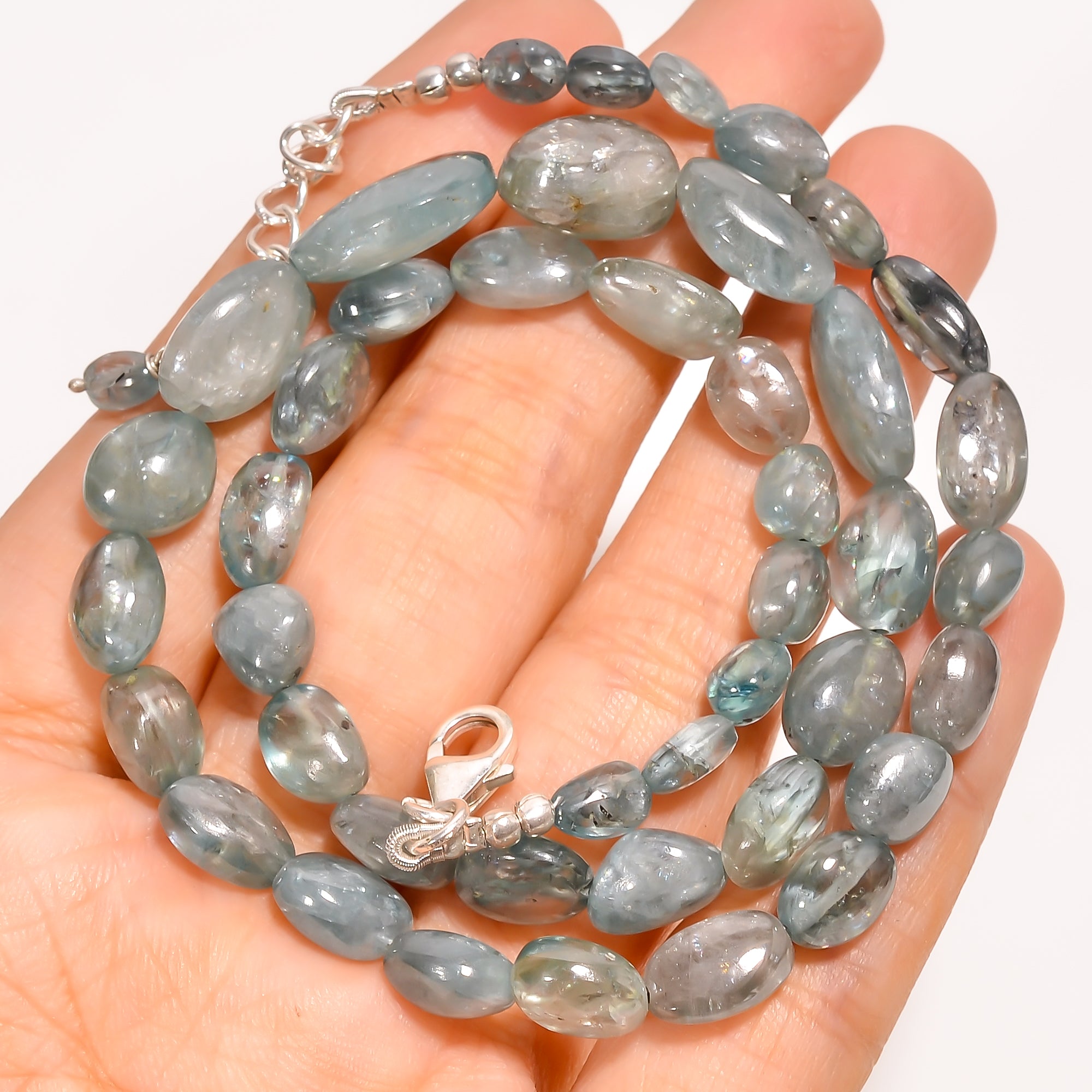 Blue Zircon Natural Gemstone Tumbled Shape Smooth Beads Necklace 16-18" ,5X4 14X9 mm 191 Ct. YN-233